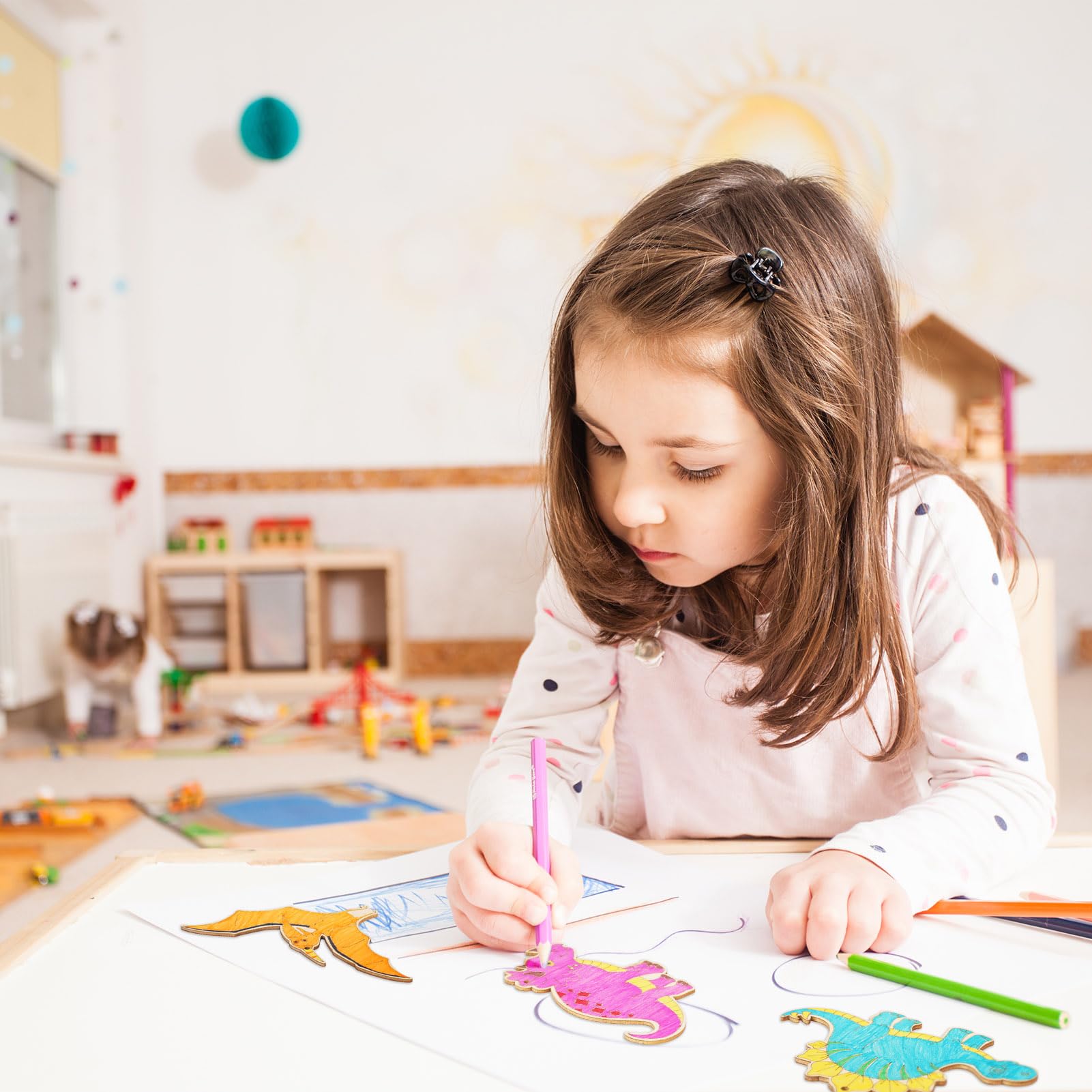 10 Dino Holz-Bastelset Zum Bemalen - Kreativset Für Kinder Mit 12 Stiften