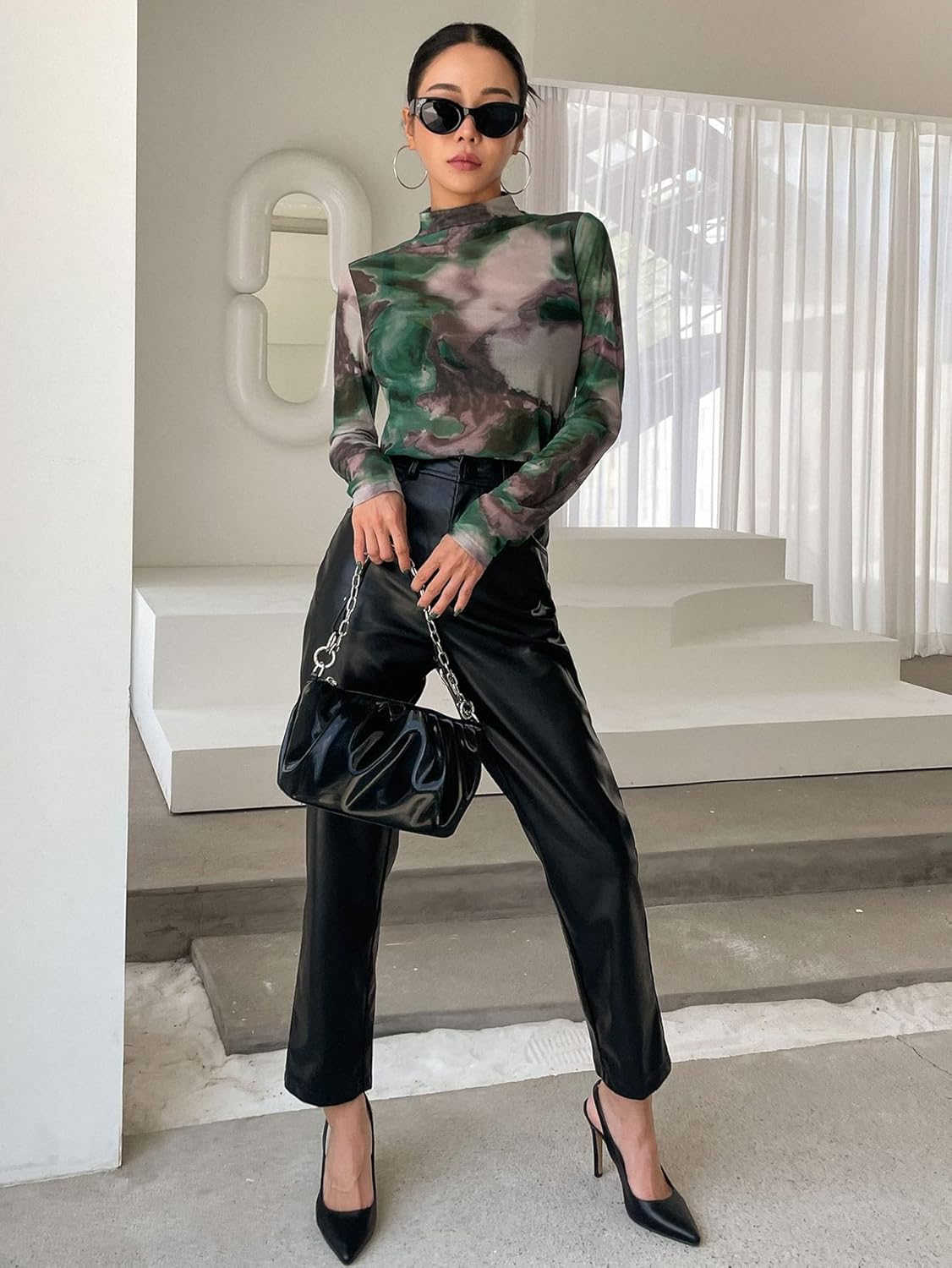 Milumia Women's Tie Dye Mock Neck Tee Sheer Long Sleeve Fitted Tops - Image 3