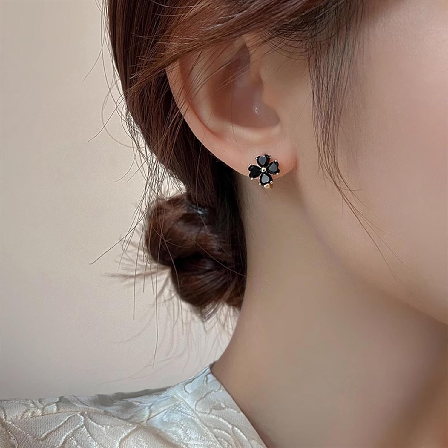 Vintage Crystal Flower Earrings Black Rhinestone Dangle Earrings Four Leaf Flower Stud Earrings Gold Crystal Drop Earrings Jewelry for Women and Teen Gifts - Image 2