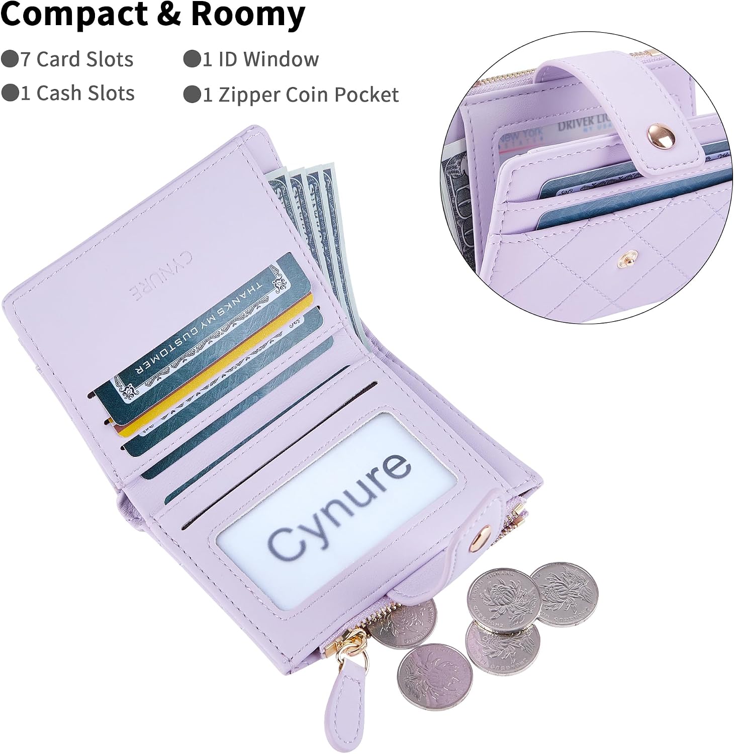 Women's Cute Leather Card Holder Small Compact Bifold Wallet with Zip Coin Pocket