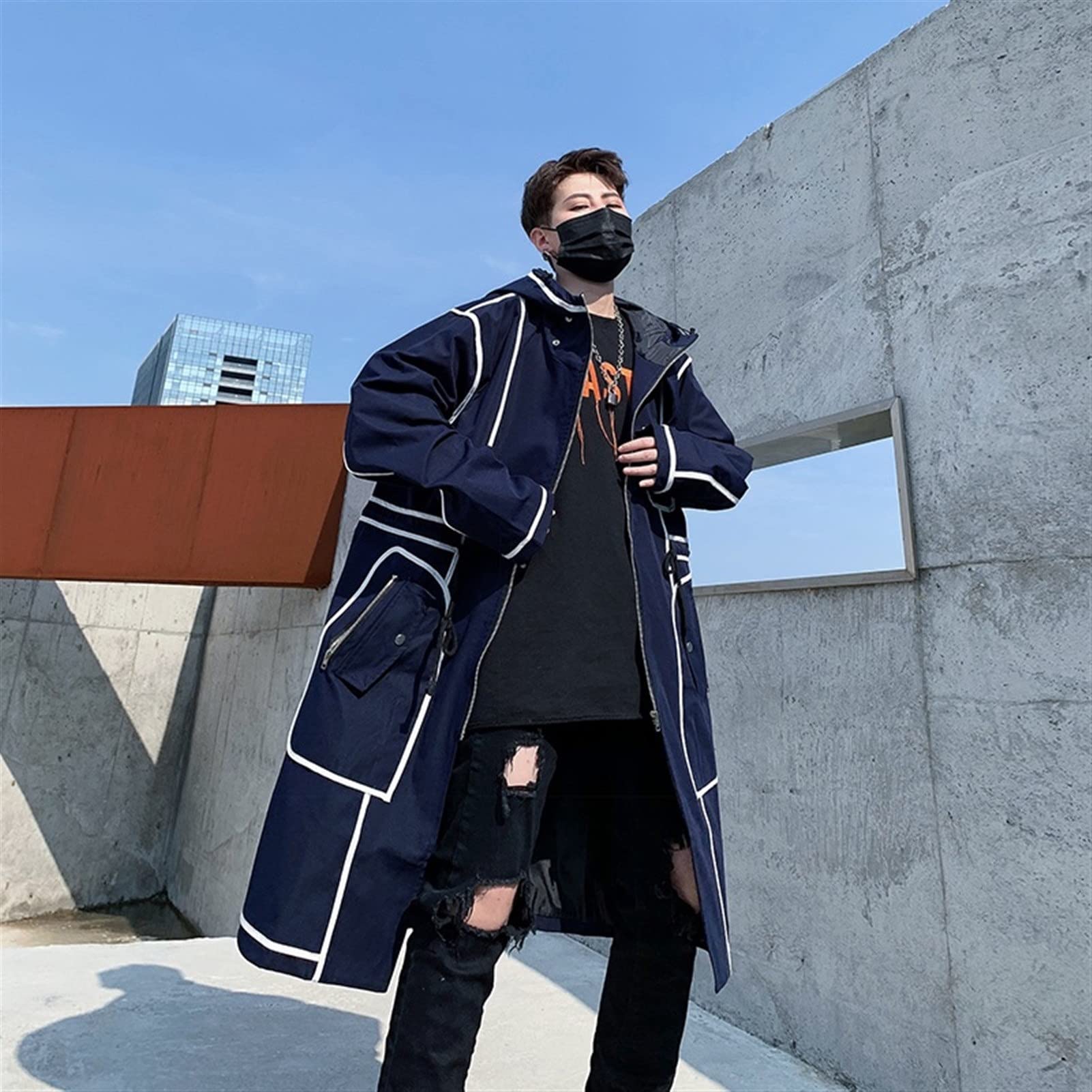 Trench Coat Men Streetwear Long Jacket Hip Hop Line Male