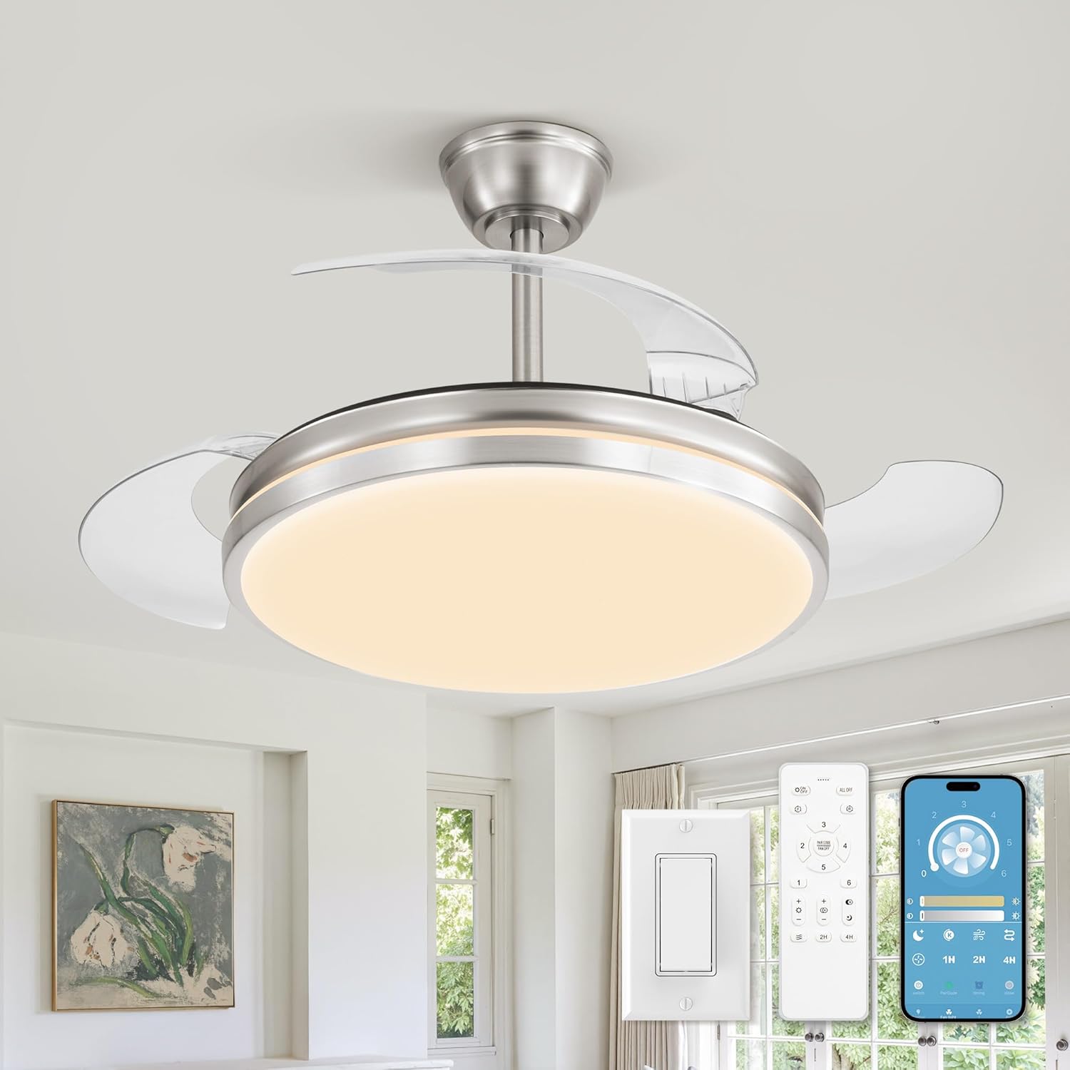LEDIARY Retractable Ceiling Fan with Lights and Remote & APP Control, 42 Inch Fandelier Ceiling Fan with Light, 6 Speed Dimmable Reversible Memory, Modern Silent Smart Fan for Bedroom Living Room Satin Nickel
