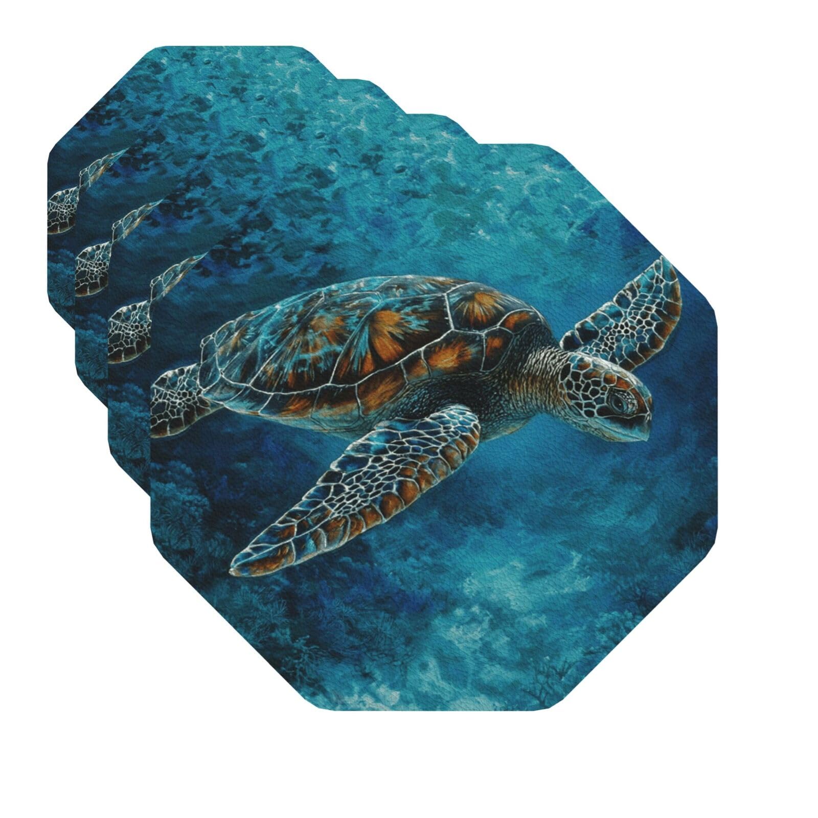 Drink Coasters Set of 4 Decorative Leather Coasters Sea Turtle Blue Coasters for Drinks Cups Mugs Mat Pads Absorbent Non-Slip Coasters for Coffee Table Kitchen Bar Home Decor