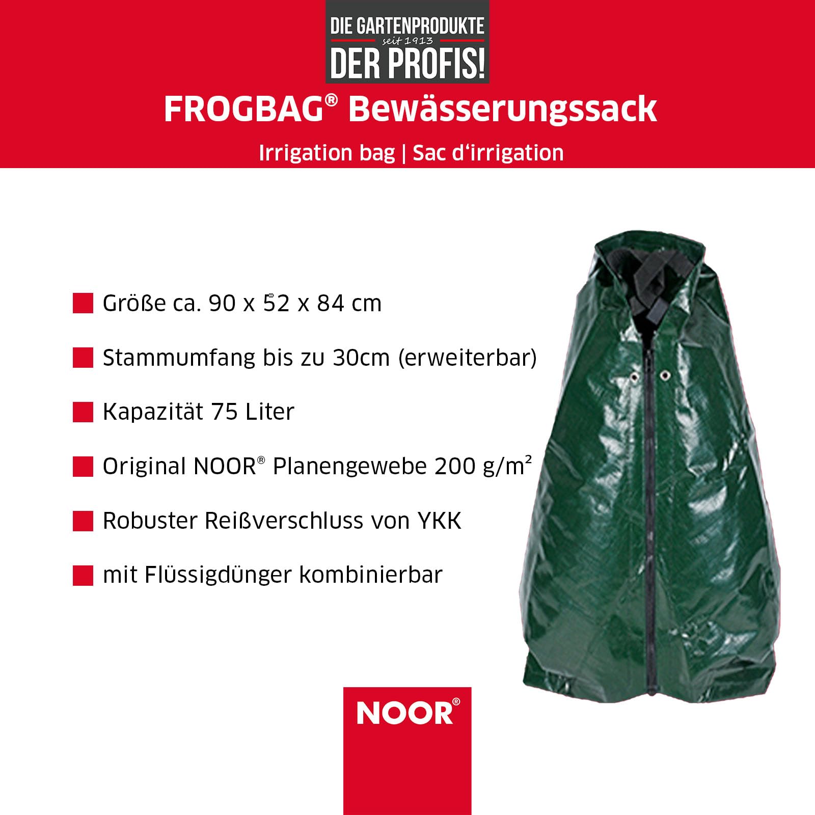 NOOR Bewässerungssack FROGBAG - 75 L Bewässerungsbeutel | robuster Wassersack 90x52x84 cm - Baumbeutel aus reißfestem PE-Gewebe 200 g/m² - langzeit Tröpfchenbewässerung für Bäume