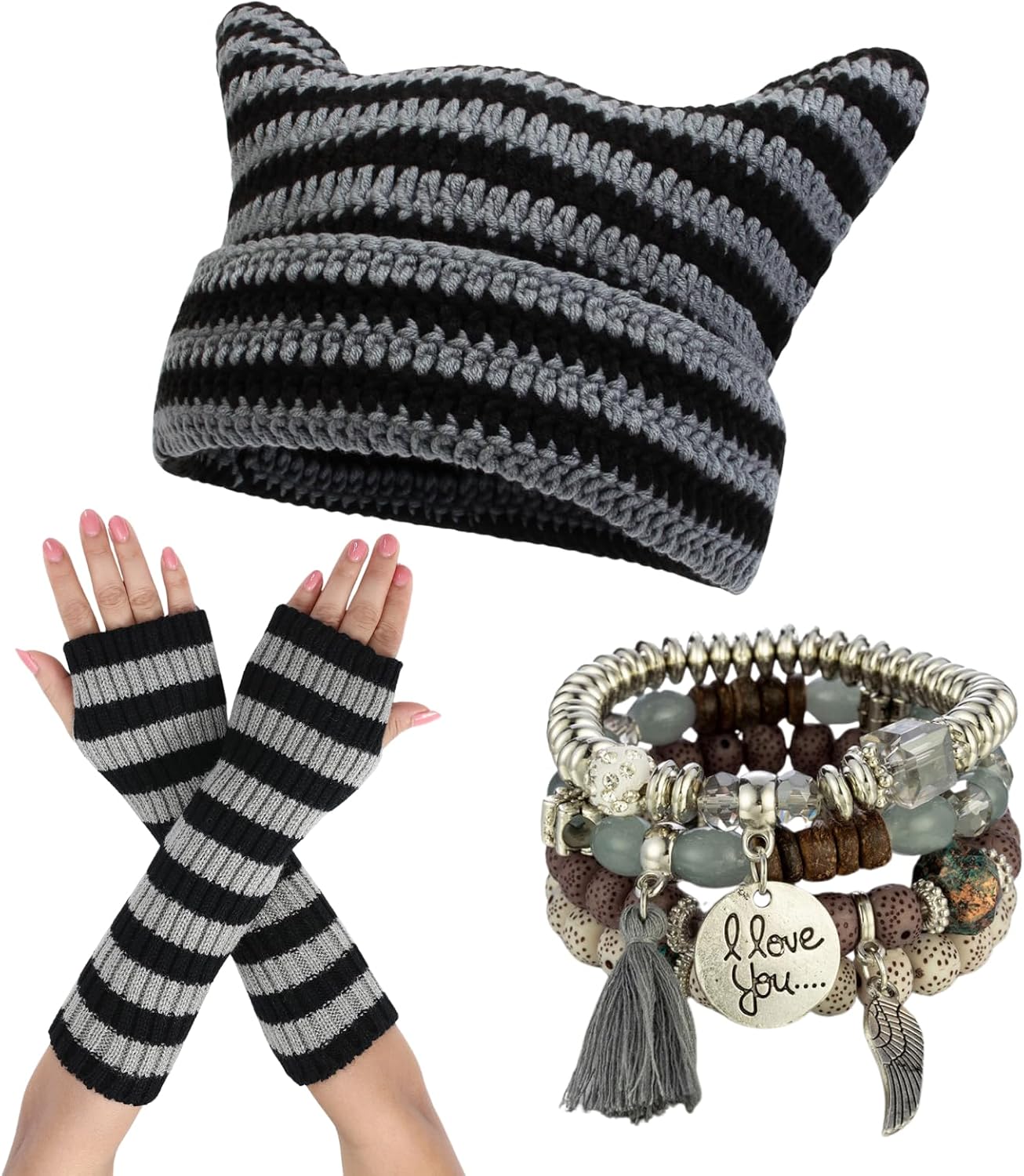 yolrdiw Therian Stuff Emo Grunge Fingerless Gloves Cute Cat Ears Hat Fairycore Stackable Bracelets