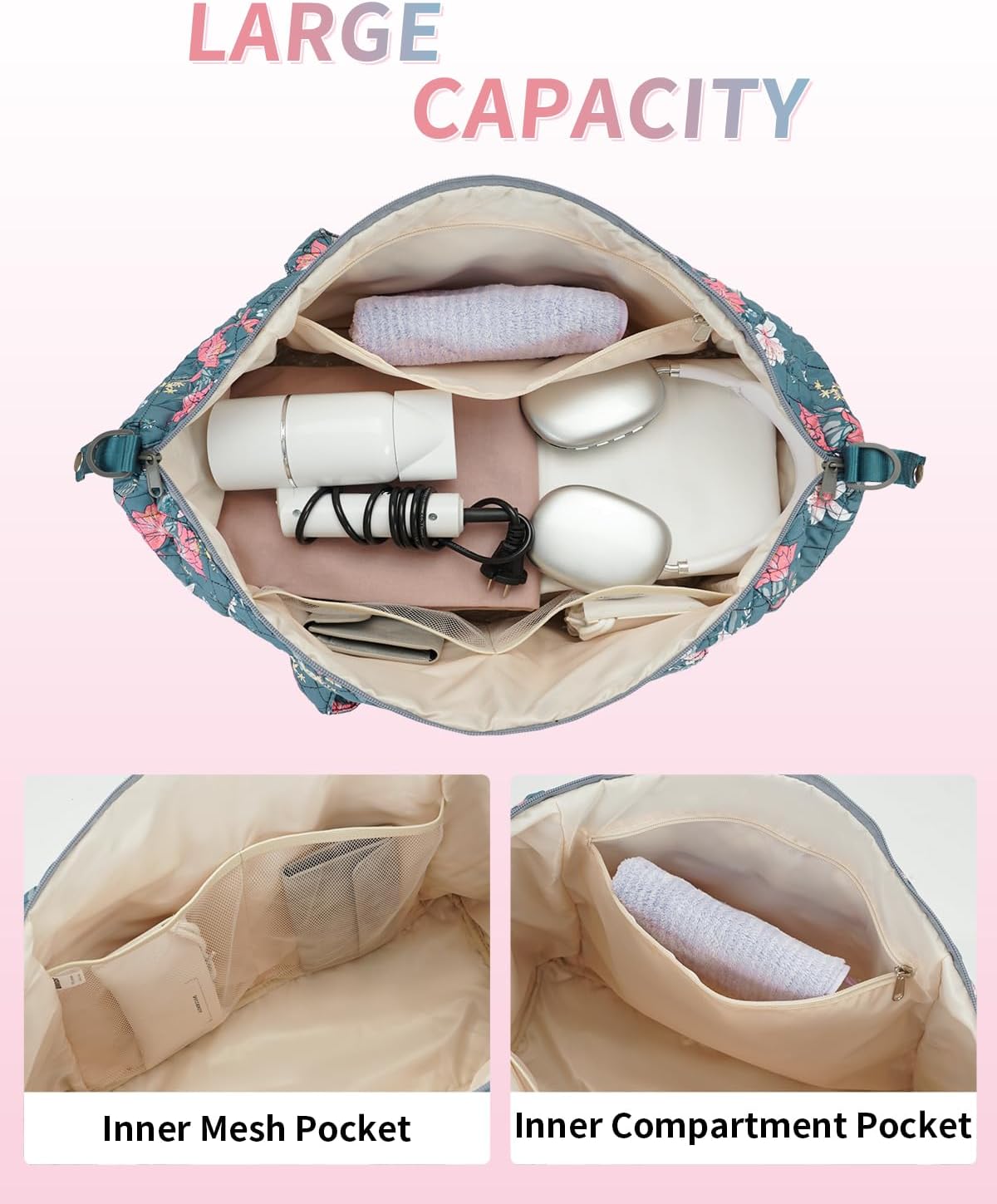 Ceneda Travel Duffle Bag - Quilted Weekender Overnight Bags For Women with Wet Pocket & Shoe Bag, Fits Airline Approved Personal Item Size (Blue Flower) - Image 4