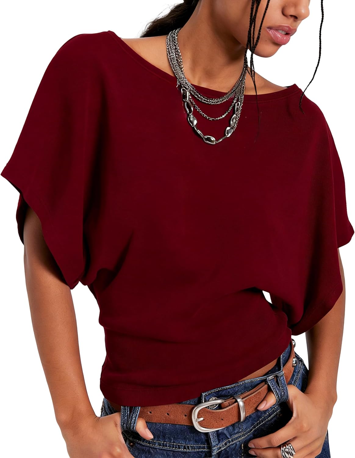 Vimida Women's Batwing Sleeve Crew Neck Color Basic Tee Cinched Waist Top Soft Casual Short Sleeve Summer Trendy Versatile