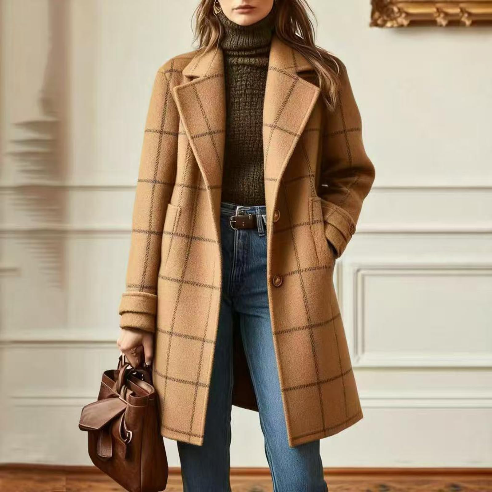 FUPODD Wintermantel Damen Wolle Lang Kariert Wollmantel Elegant Trenchcoat
