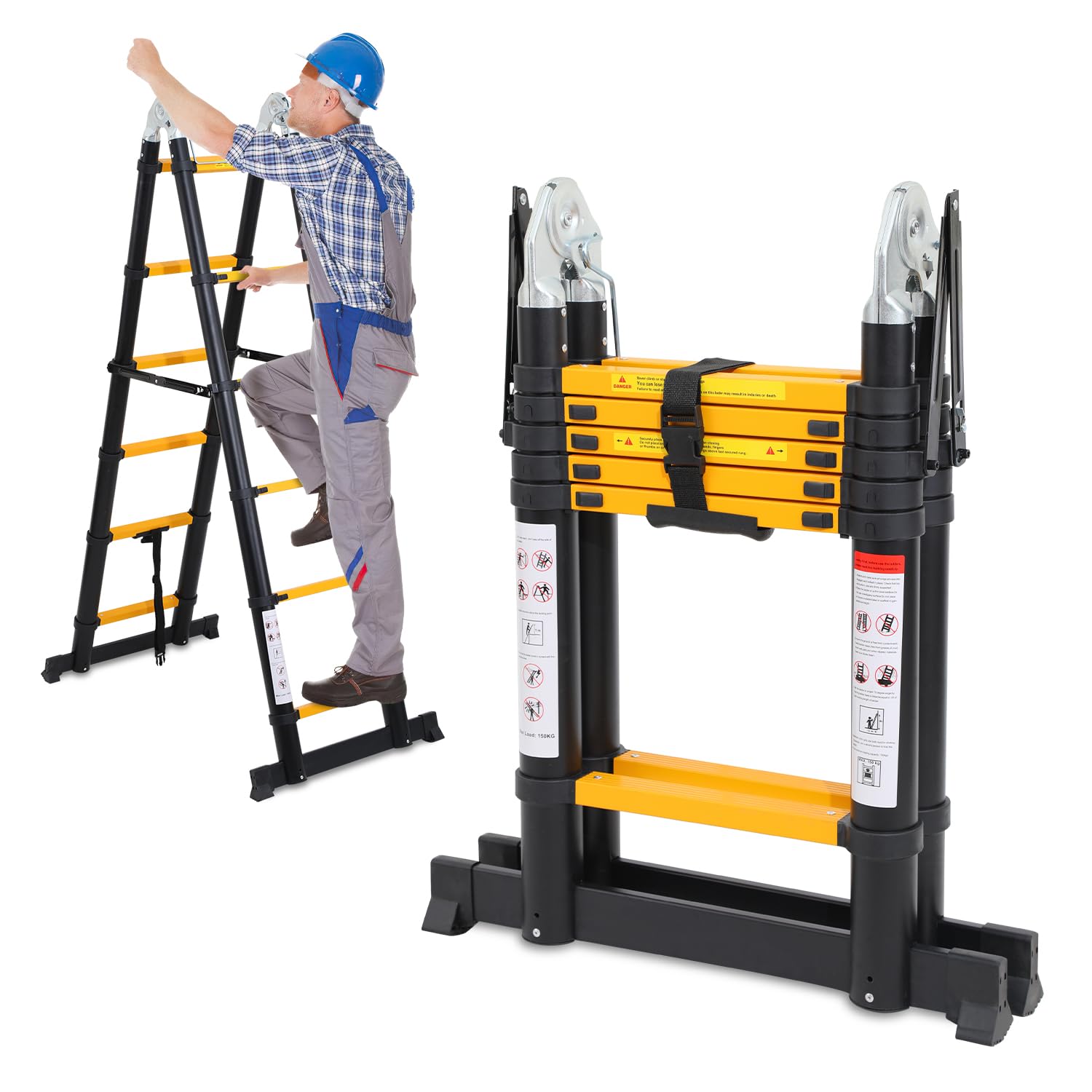 Herrselsam 3.8m(1.9m+1.9m) Teleskopleiter Klappleiter Aluminium, Mehrzweckleiter mit Tragegriff, Rutschfester Tragbar Alu Leiter Maximale Tragfähigkeit 150kg, Schwarz Gelb