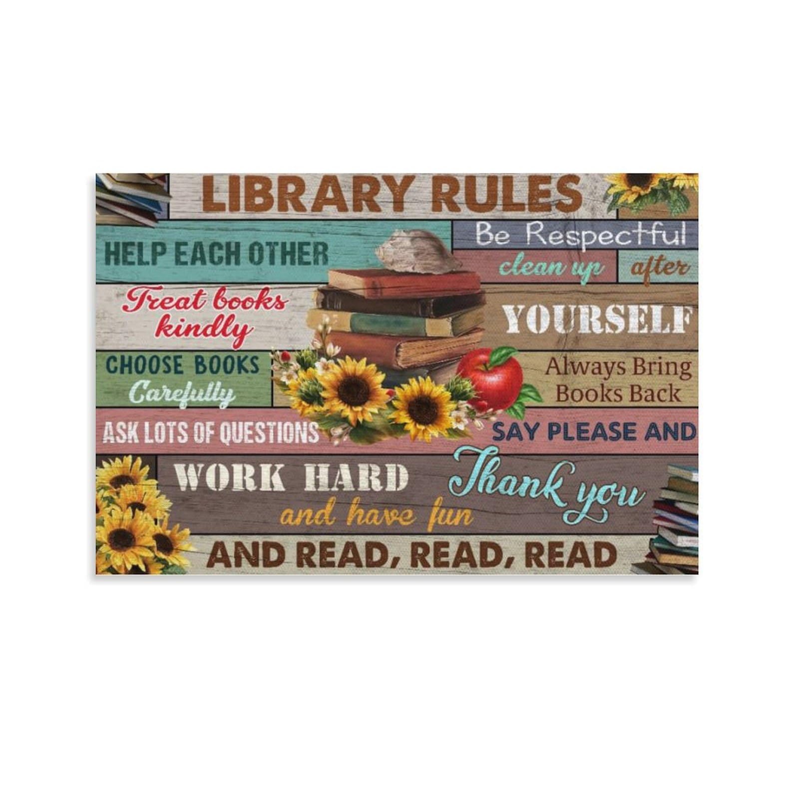 QZFNCOYU Library Rules Vintage Art Poster Canvas Poster Bedroom Decor Landscape Office Room Decor Gift 24x36inch(60x90cm)