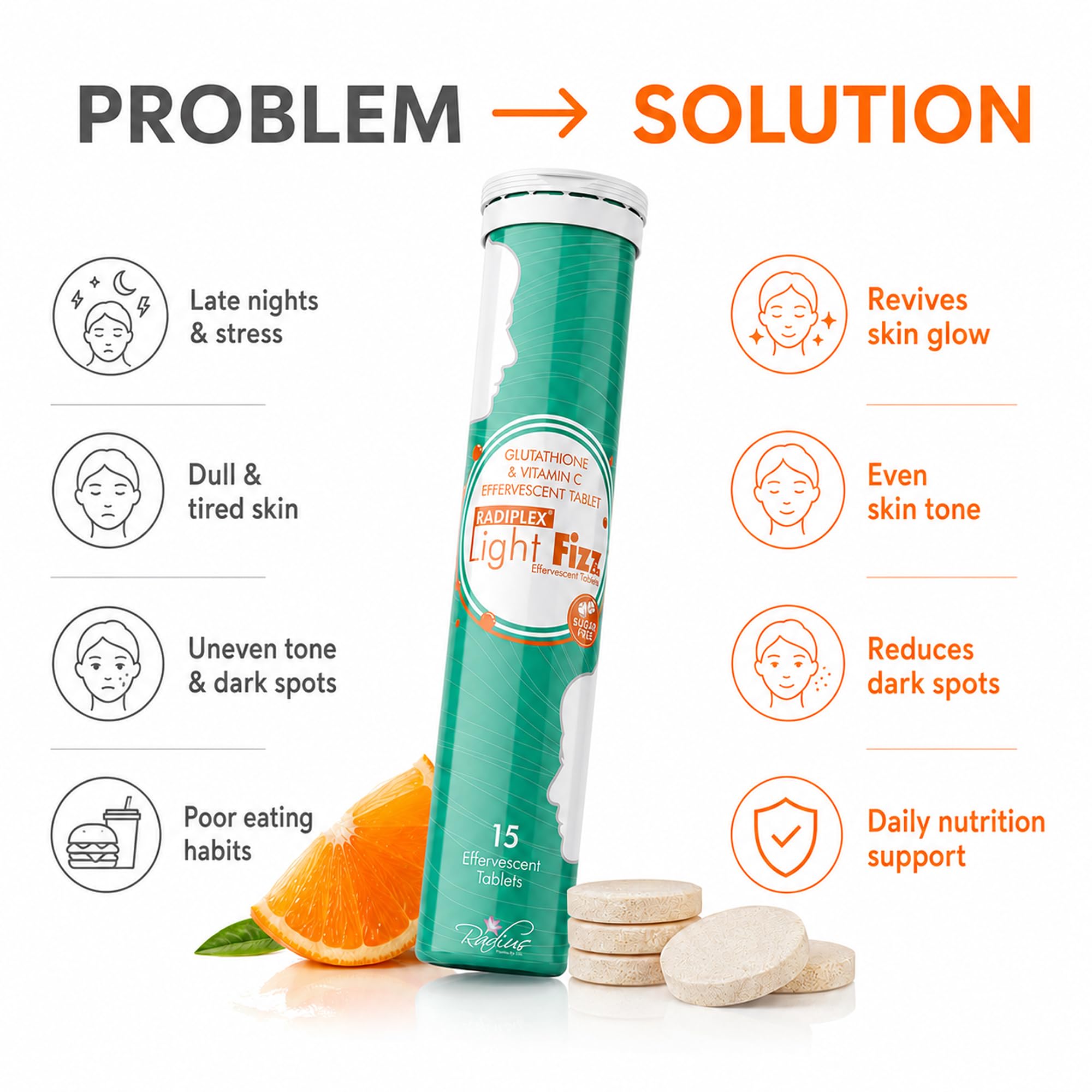 Light Fizz | L-Glutathione 600mg & Vitamin C 1000mg | Effervescent Tablets for Skin Brightening, Antioxidant Support & Anti-Pigmentation | Sugar-Free | Orange Flavor | 15 Tabs — Amazon image 2