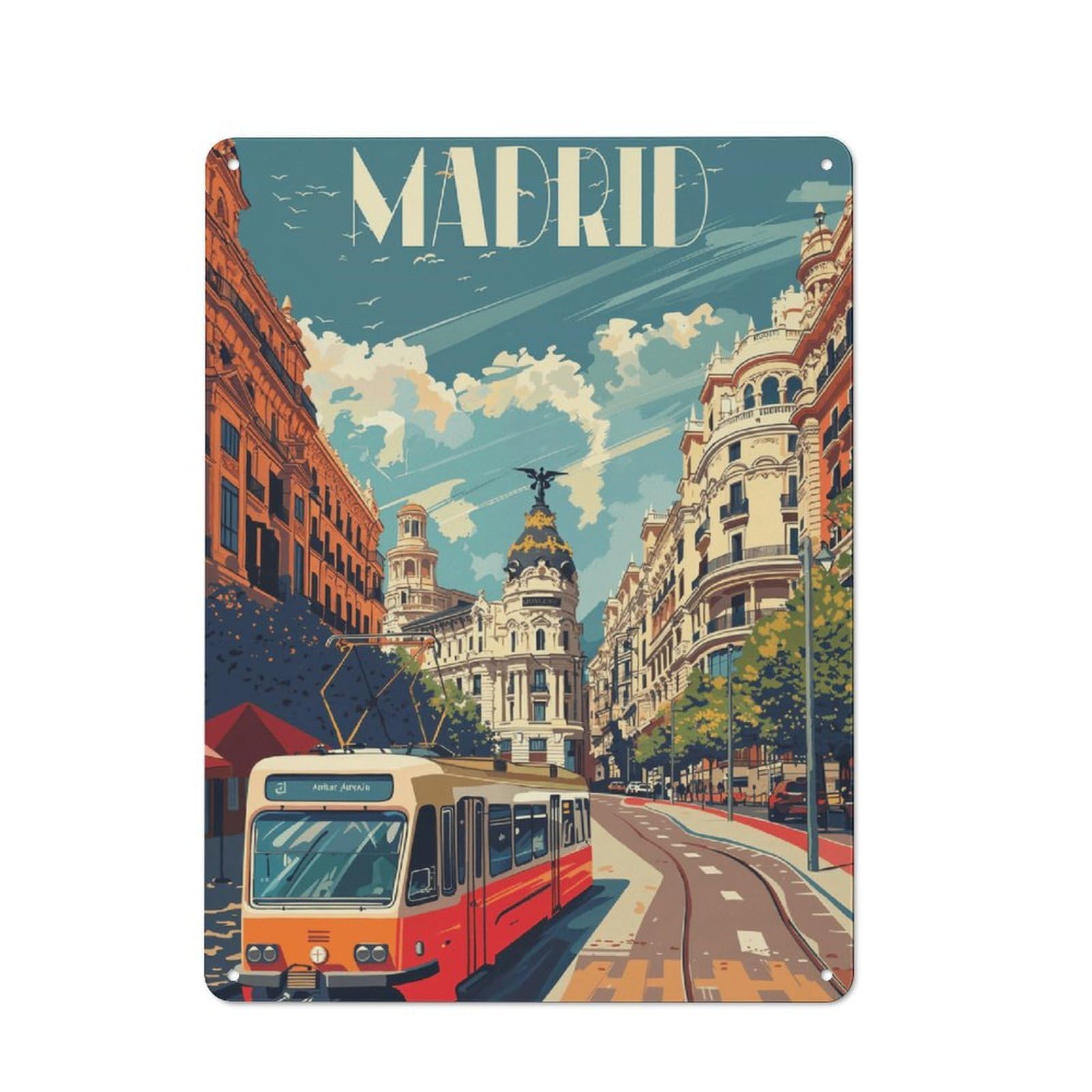Junmoney Style-19 For Garden Room Or Summerhouse, Madrid Cityscape With Tram Retro Tin Sign 40X30cm, Suited To Wall Displays In Garden Rooms And Summerhouses