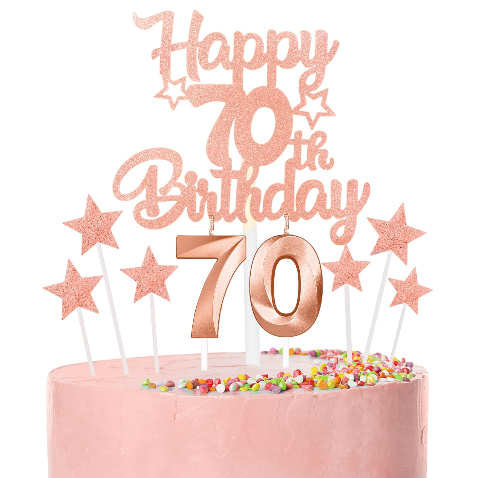 Rose Gold Happy 70th Birthday Candles Cake Topper Set,Rose Gold Number 70 Birthday Candles with Rose Gold 70th Birthday Cake Toppers Star Cupcake Toppers for Men Women Birthday Anniversary Decor