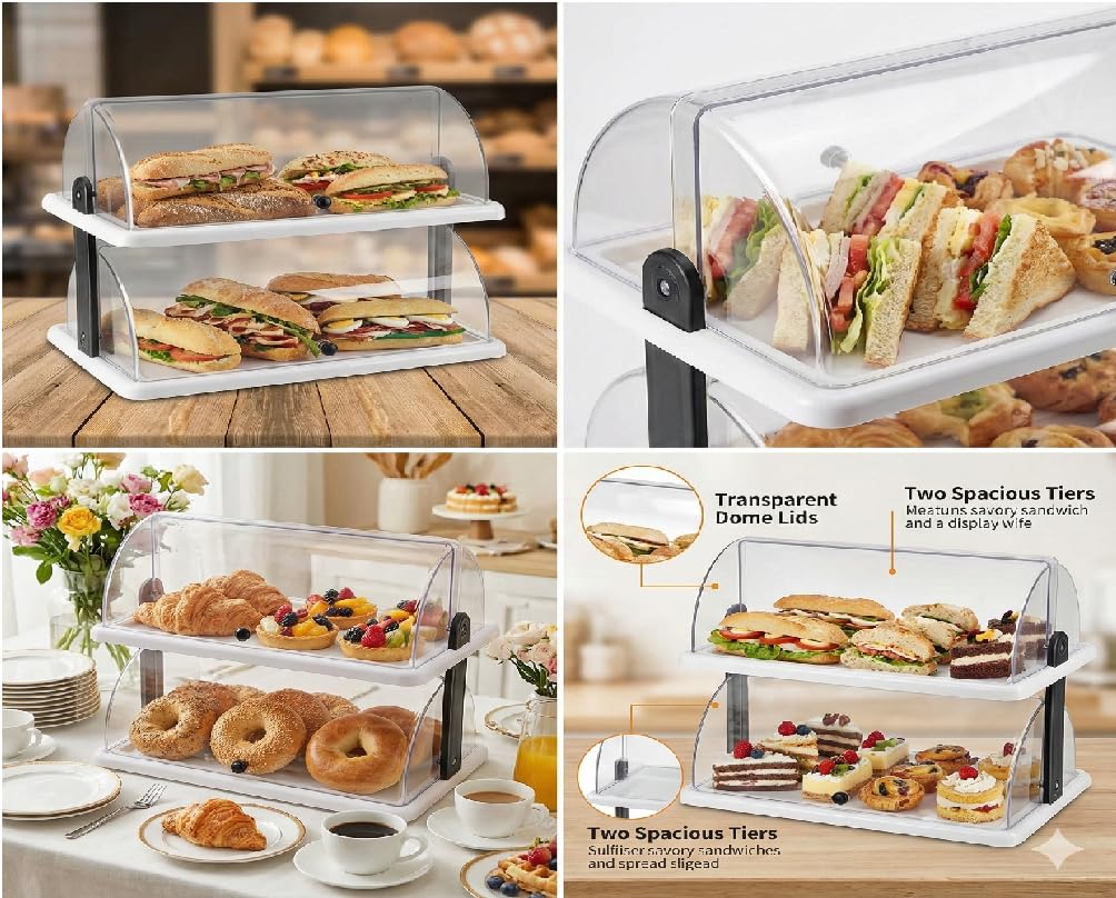 Espositore Doppio Ripiano da Banco Vetrinetta Porta Croissant Dolci per Bar Buffet Pasticceria 2 Piani Coperchio a Cupola Trasparente in SAN e Base PP H39xL50xP30cm Made in Italy Certificato