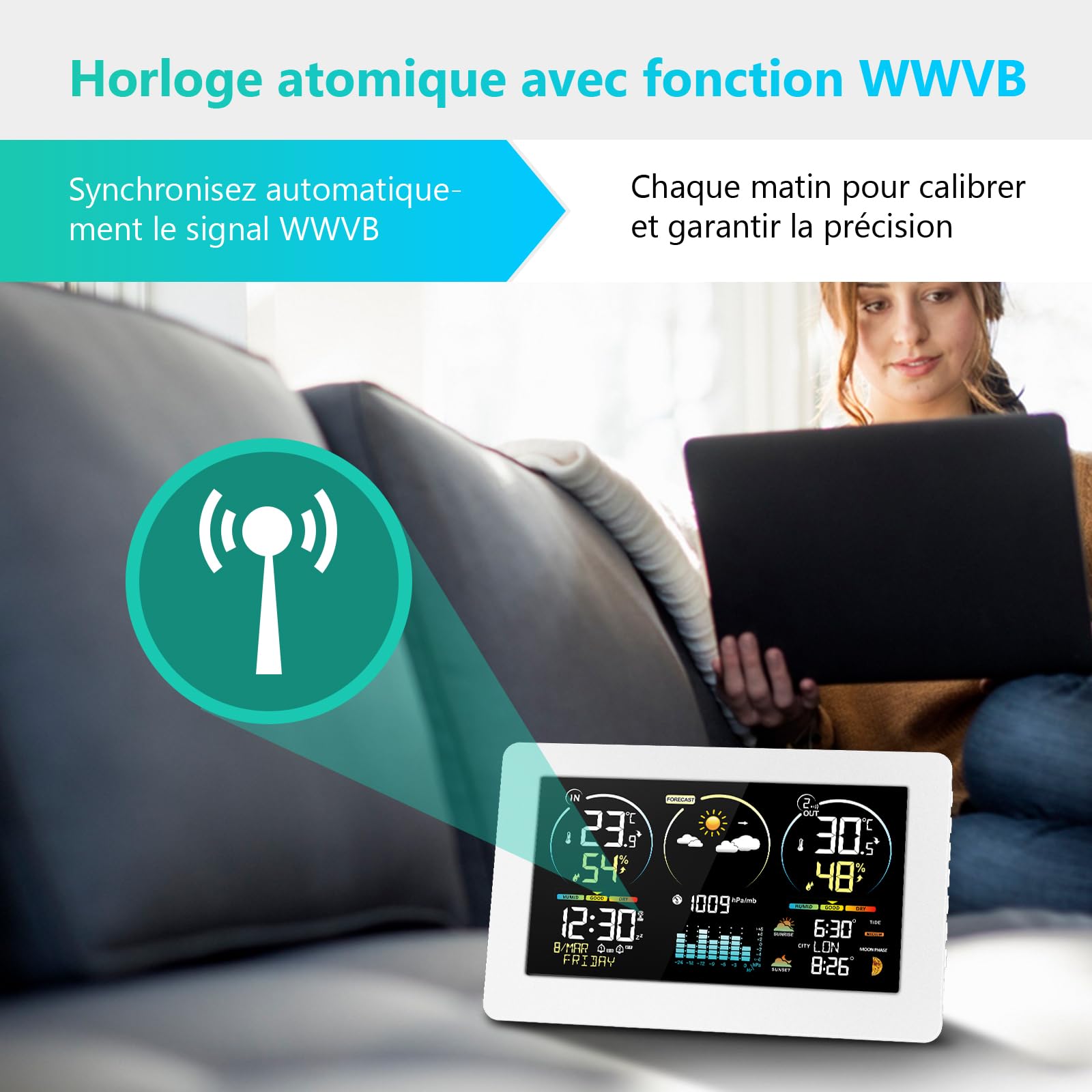 Station Météo Intérieur Extérieur Sans Fil avec 1 Capteur Extérieur | Thermomètre Hygromètre Digital, Écran LCD Couleur, Horloge Radio-commandée, Réveil Snooze, Calendrier, Prévisions Météo