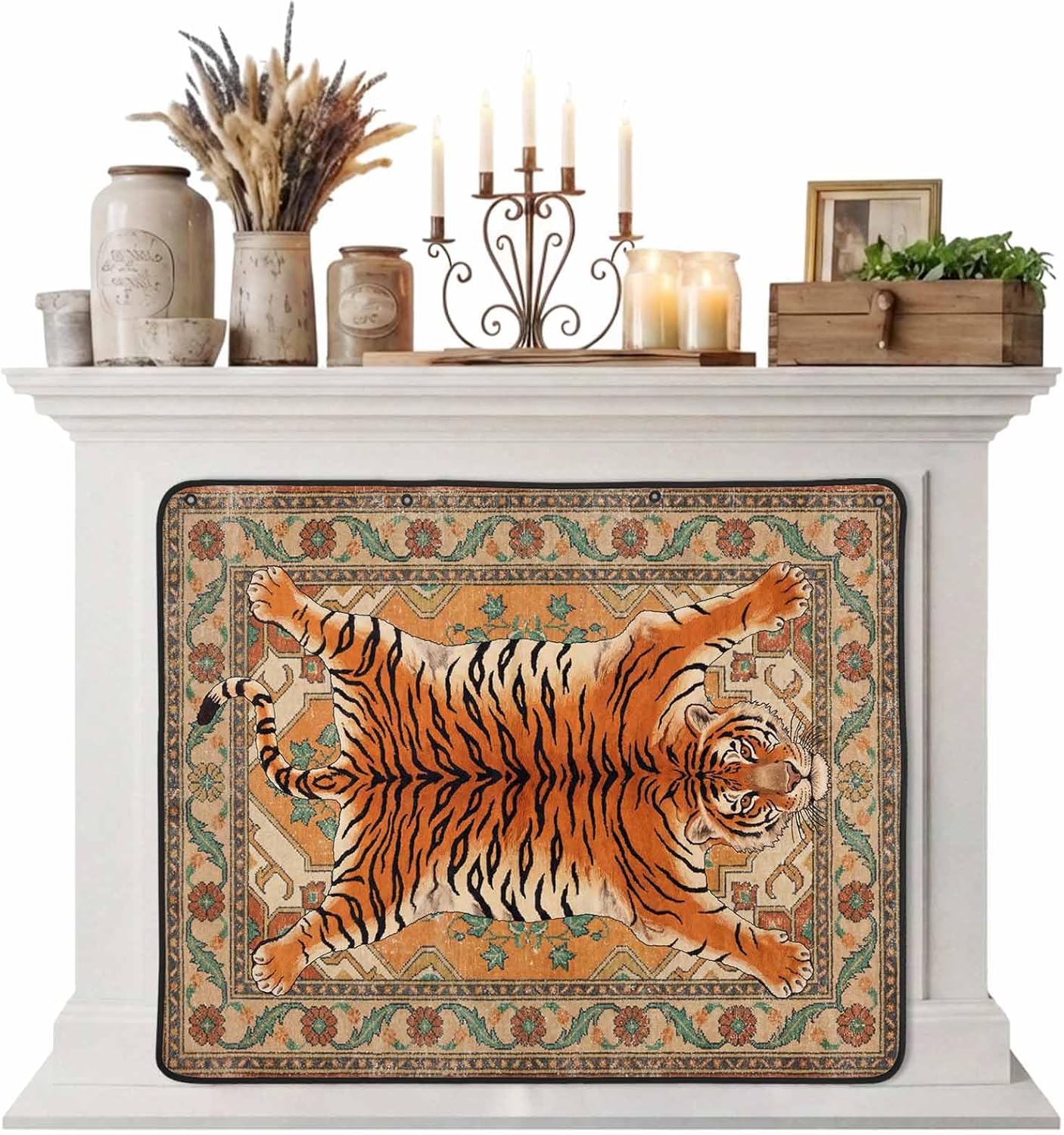 Magnetic Fireplace Cover Striking Tiger Fireplace Screen Brown Bohemian Flower Animal Print Insulation Fireplace Blocker Save Energy Fireplace Draft Stopper Covers for Living Room 39x32 Inch