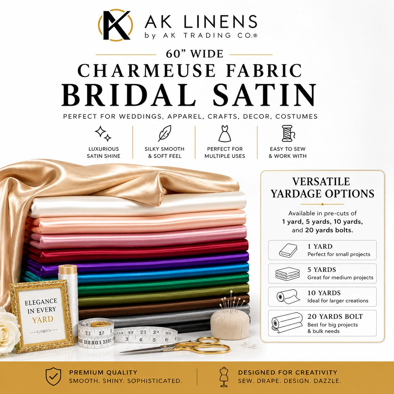 AK TRADING CO. The Yard-Charmeuse - Tela de satén nupcial de 60 pulgadas de ancho para bodas, ropa, manualidades, decoración, disfraces (menta, 10 yardas)