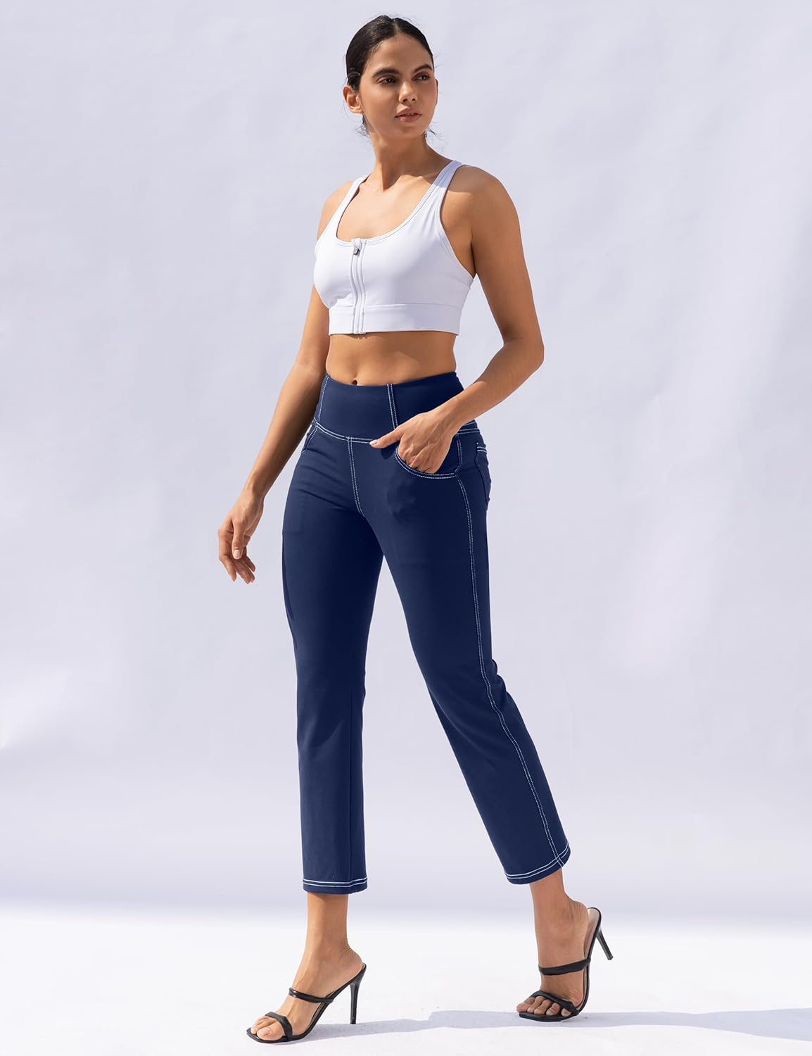 VOOVEEYA Womens Straight Leg Leggings, High Waisted Yoga Pants with Pockets Tummy Control Bootcut Casual Dress Pants