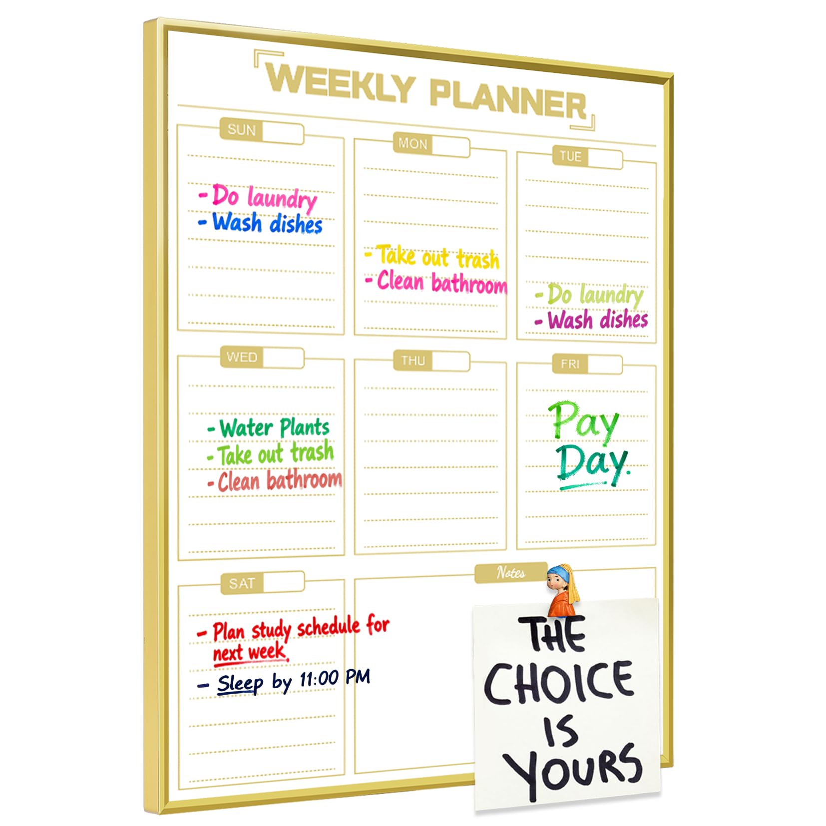 Dry Erase White Board Weekly Calendar Board, Magnetic Whiteboard for Wall, Gold Aluminum Frame Message Board, Vertical, 17“x13“, Planner Board for