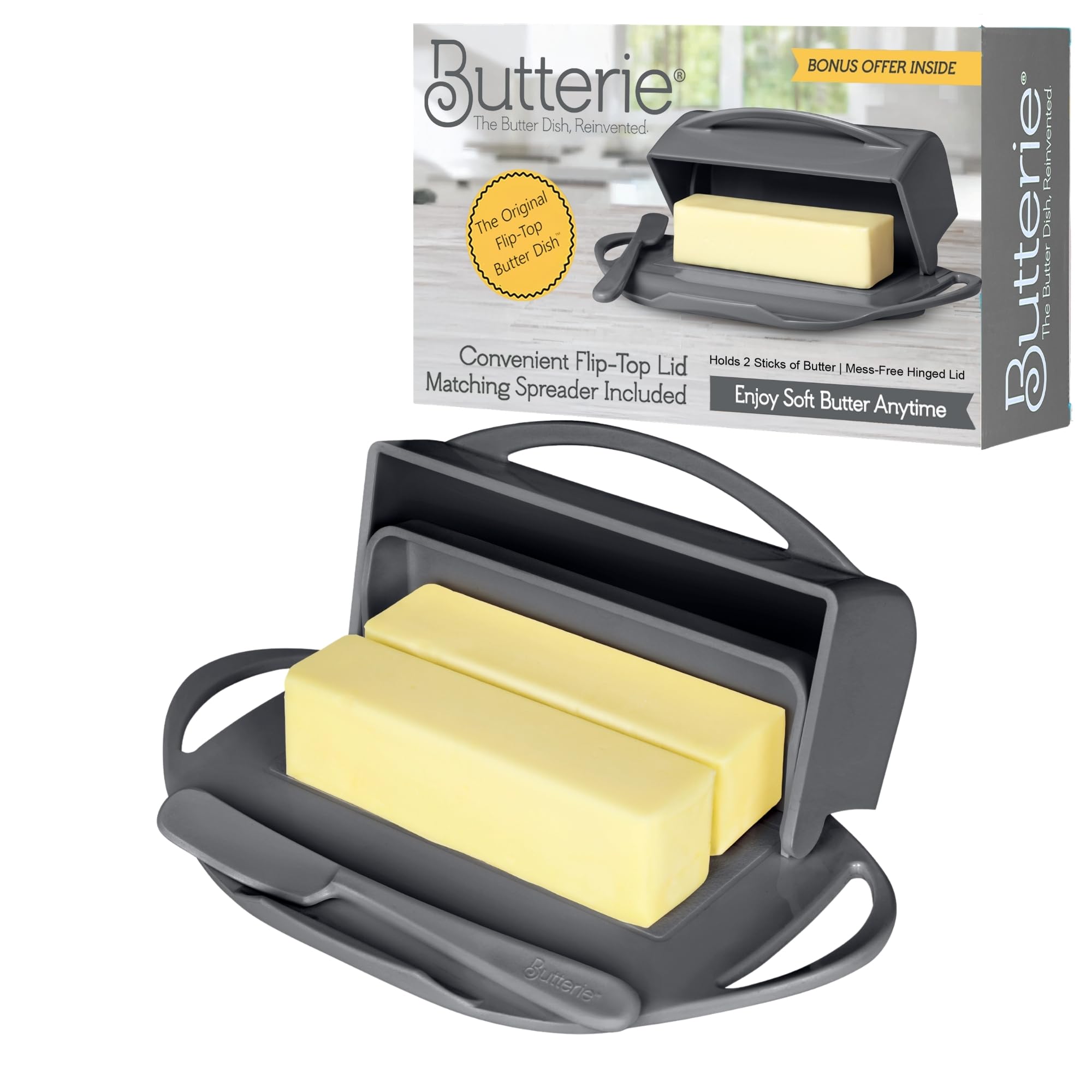 Butterie Flip Top Butter Dish with Attached Lid & Matching Knife - Holds 2 Sticks, Fits Kerrygold/European Butter - BPA Free & Dishwasher Safe - Gray โ image 1