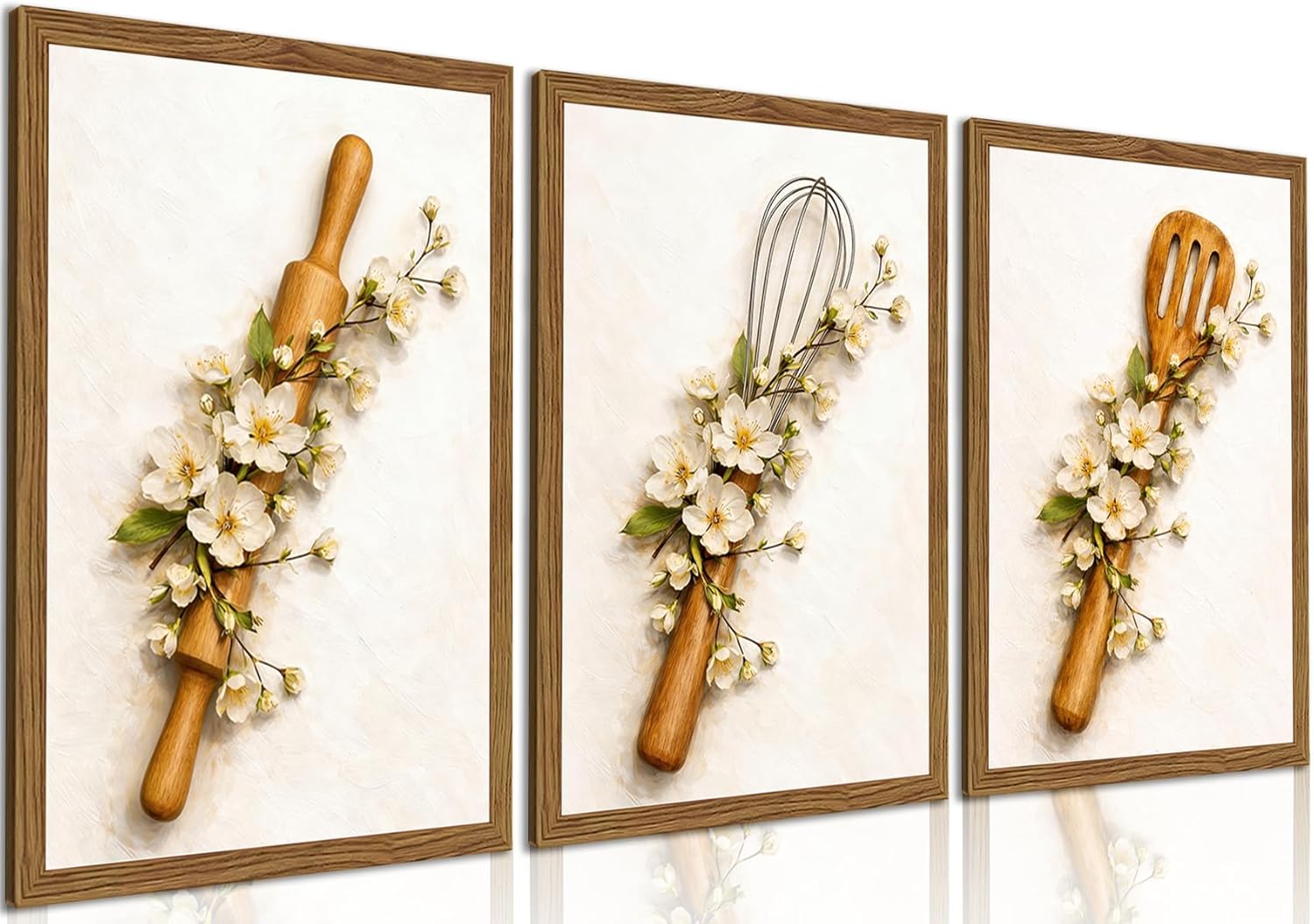 Modern Kitchen Wall Decor Set of 3 Framed Canvas Prints – Minimalist Botanical Floral Plant Artwork with Kitchen Utensil Design for Dining Room, Farmhouse Home Decor, 12x16 Inch