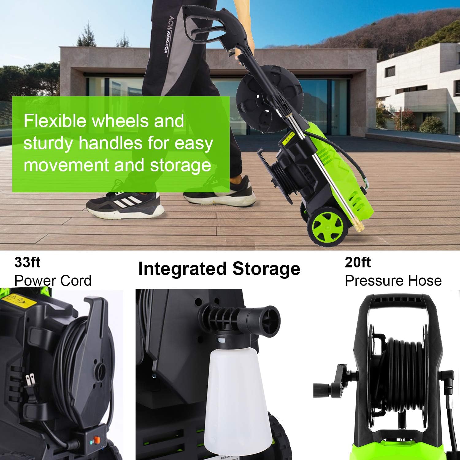 Exсluѕіvе Dіѕсоunt 70% Prісе WHOLESUN 3000PSI Electric Pressure Washer 2.4GPM Power Washer 1600W High Pressure Cleaner Machine with 4 Nozzles Foam Cannon for Cars, Homes, Driveways, Patios (Green)