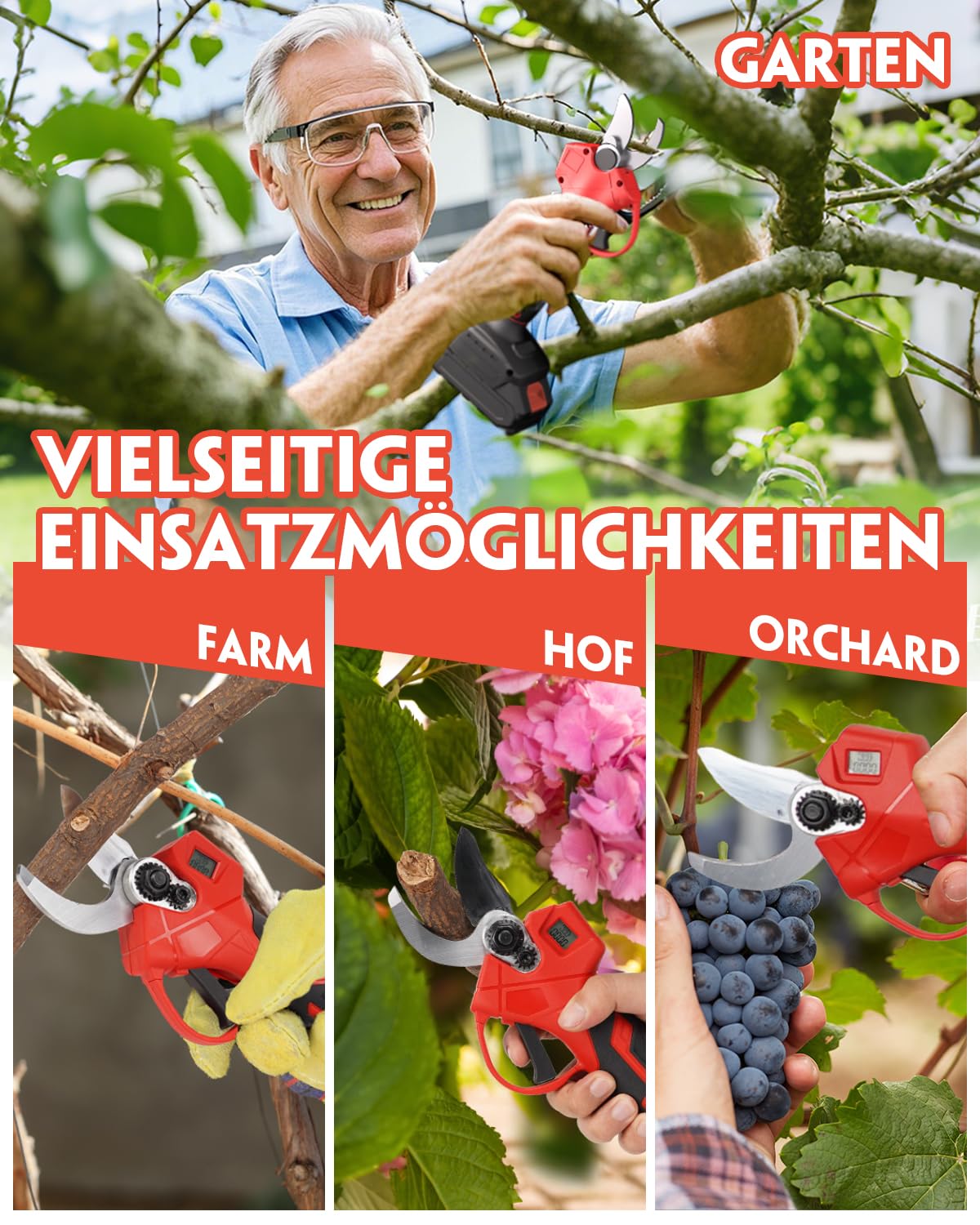 Veitorld Akku Astschere, 30MM Gartenschere mit 2 Akku 2000mAh, 1000W Bürstenloser Motor Bypass Baumschere, Elektrisch Garten Schere mit LED-Schnittzählerm -Geschenke für Männer Papa Mama Frauen