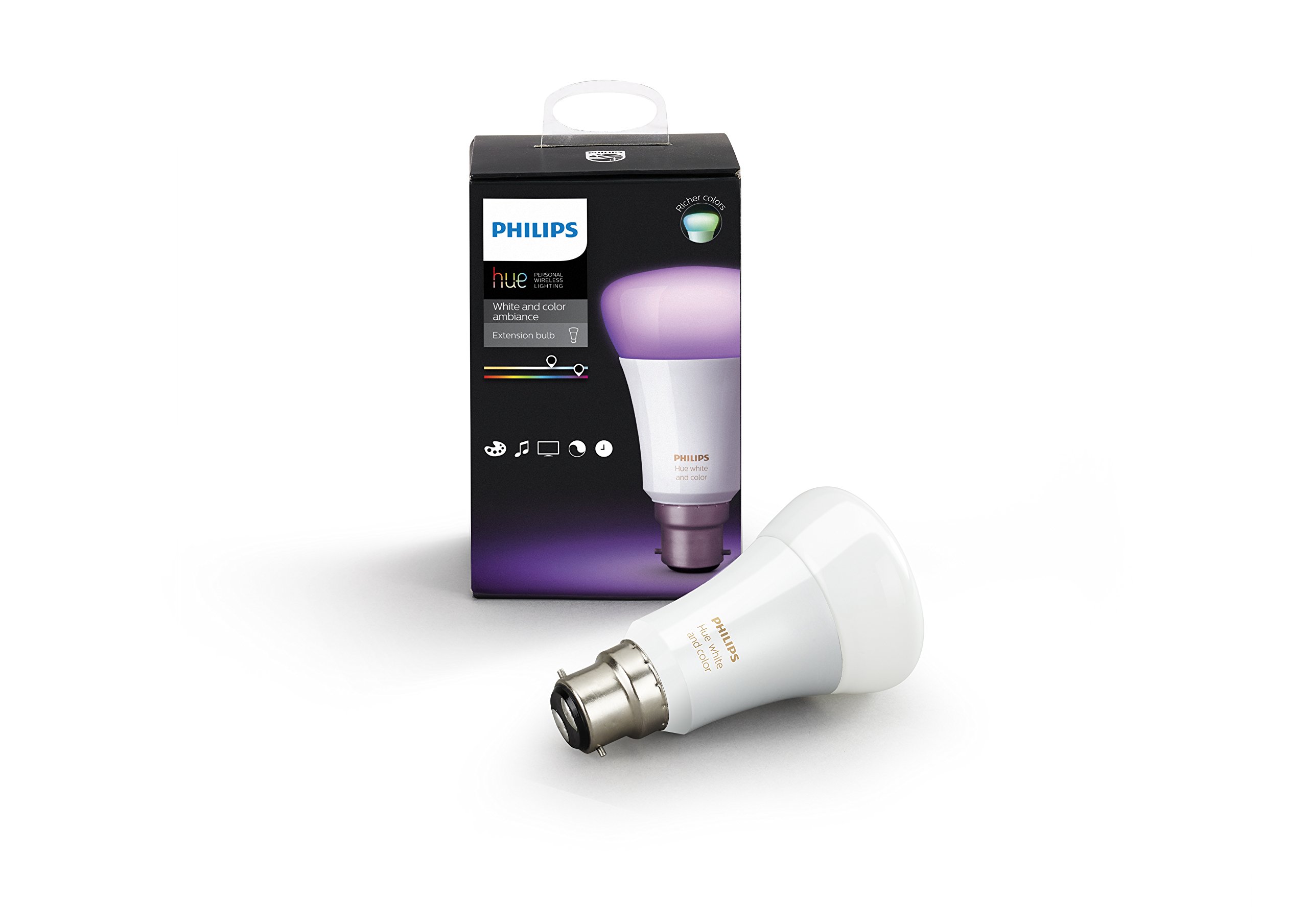 Philips Hue Bombilla LED B22, 10 W (potencia equivalente 60W), 220 V-240 V, Ángulo de haz -160° + - 20°, luz blanca y de color