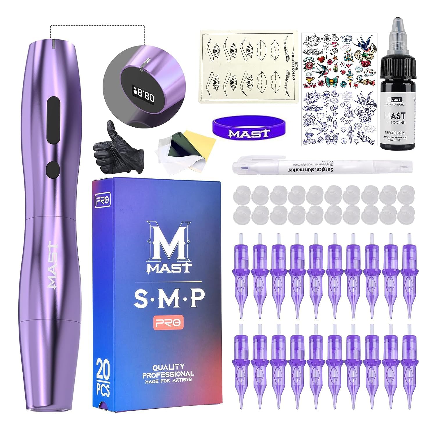 Mast Tattoo Kit, P20 Wireless Tattoo Pen Machine Gun Kit, The Slim Tattoo Pen with Digital Display Chargeble Battery, Pro Tattoo Needles Cartridges Black Ink for Women
