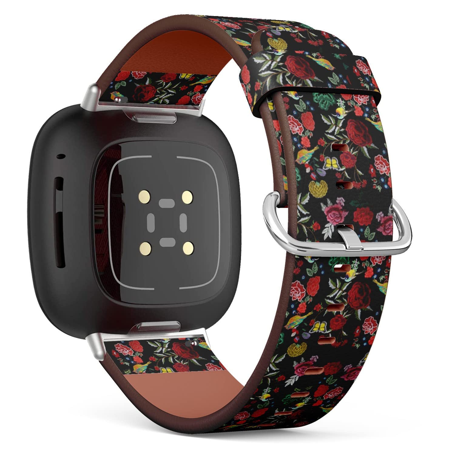 CJBROES Replacement Leather Watch Band, Compatible with Fitbit Versa 3 and Fitbit Sense of Wristband Bracelet Accessory - Embroidery Flowers Birds Butterflies