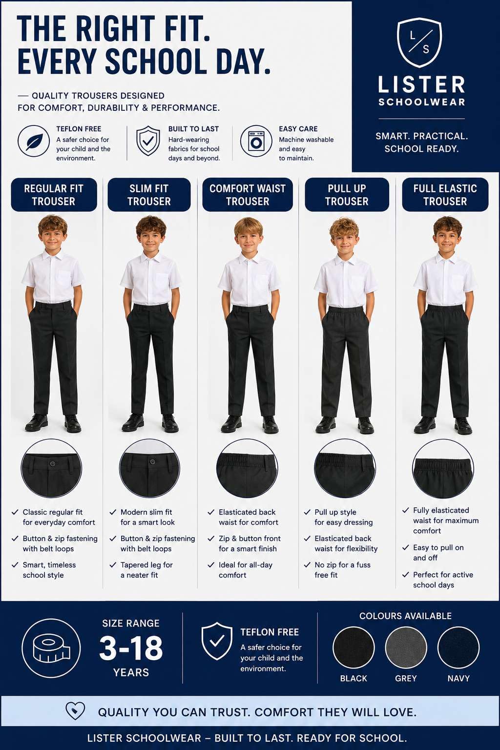 2PK - Pantalones escolares de cintura ajustable para niños, ajuste regular, color negro, gris carbón, azul marino, 3-18 años