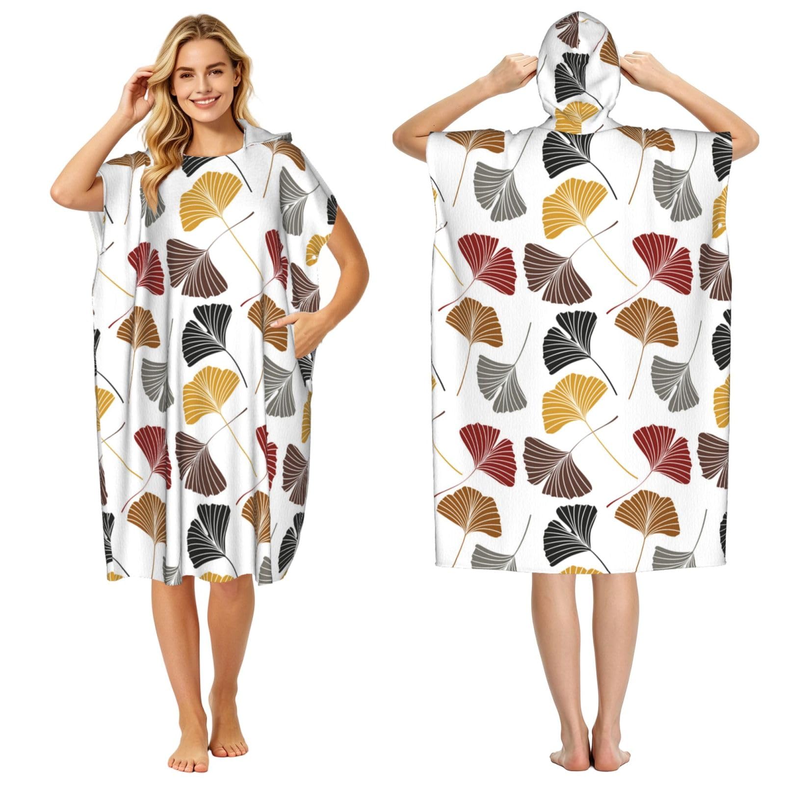 Poadnly Ginkgo Leaves, Adult Hooded Beach Towel 90 x 110 cm,Changing Bath Robe, Surf Poncho Towel For Women Men