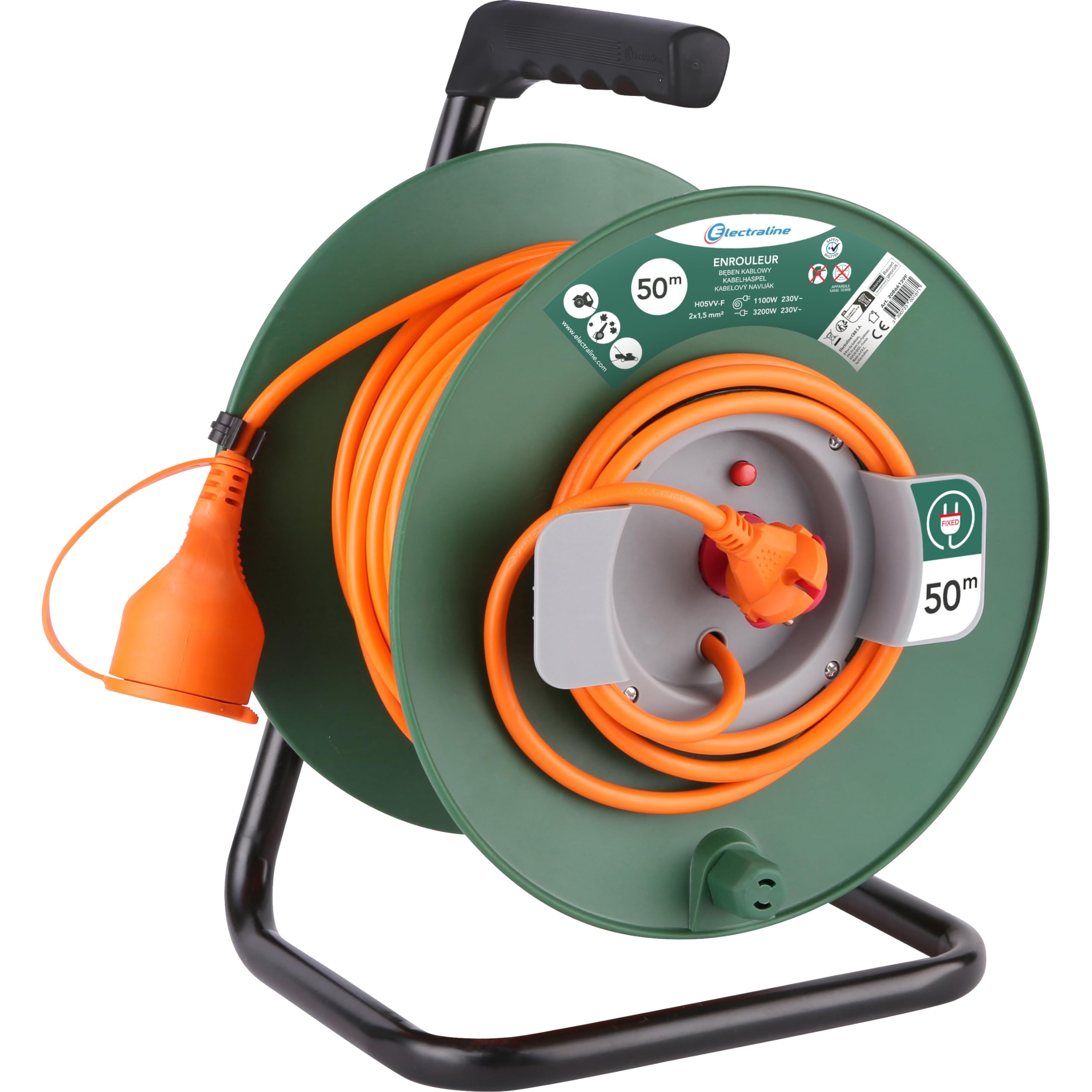 Electraline 20866139F Rallonge Prolongateur Jardín 50 M avec enrouleur 16A - Section 2x1,5 mm² Orange/Vert, Prise - Type C/EF - 2 Broches (EU)