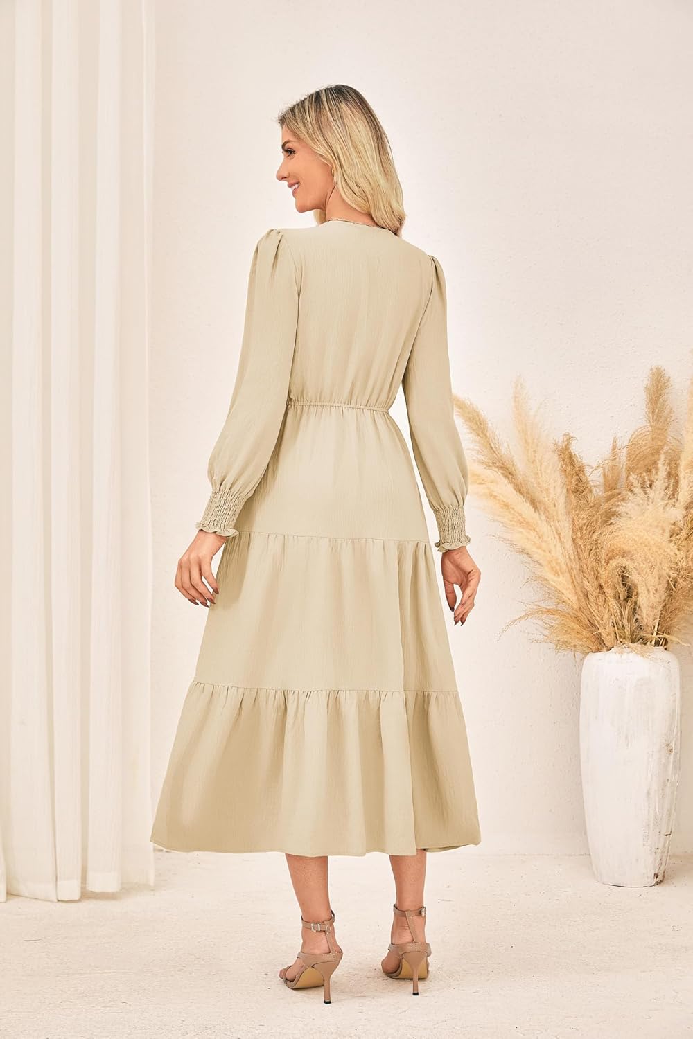 Kate Kasin Womens Long Sleeve Mixi Dress, Smocked Work Dress with Pockets, Elegant Fall Dresses 2025 - Image 3