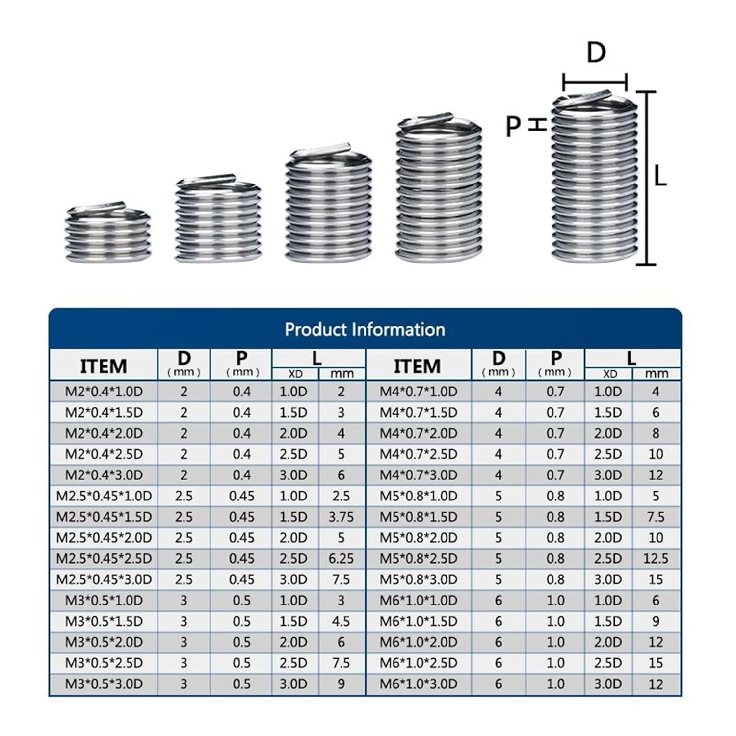 Industrial Drill Bits Fastening Thread Insert Set M2 M2.5 M3 M4 M5 M6 Stainless Steel Spiral Wire Repair Tool Screw Insert Kit Threading Tools(10pcs M6X1 x1D)