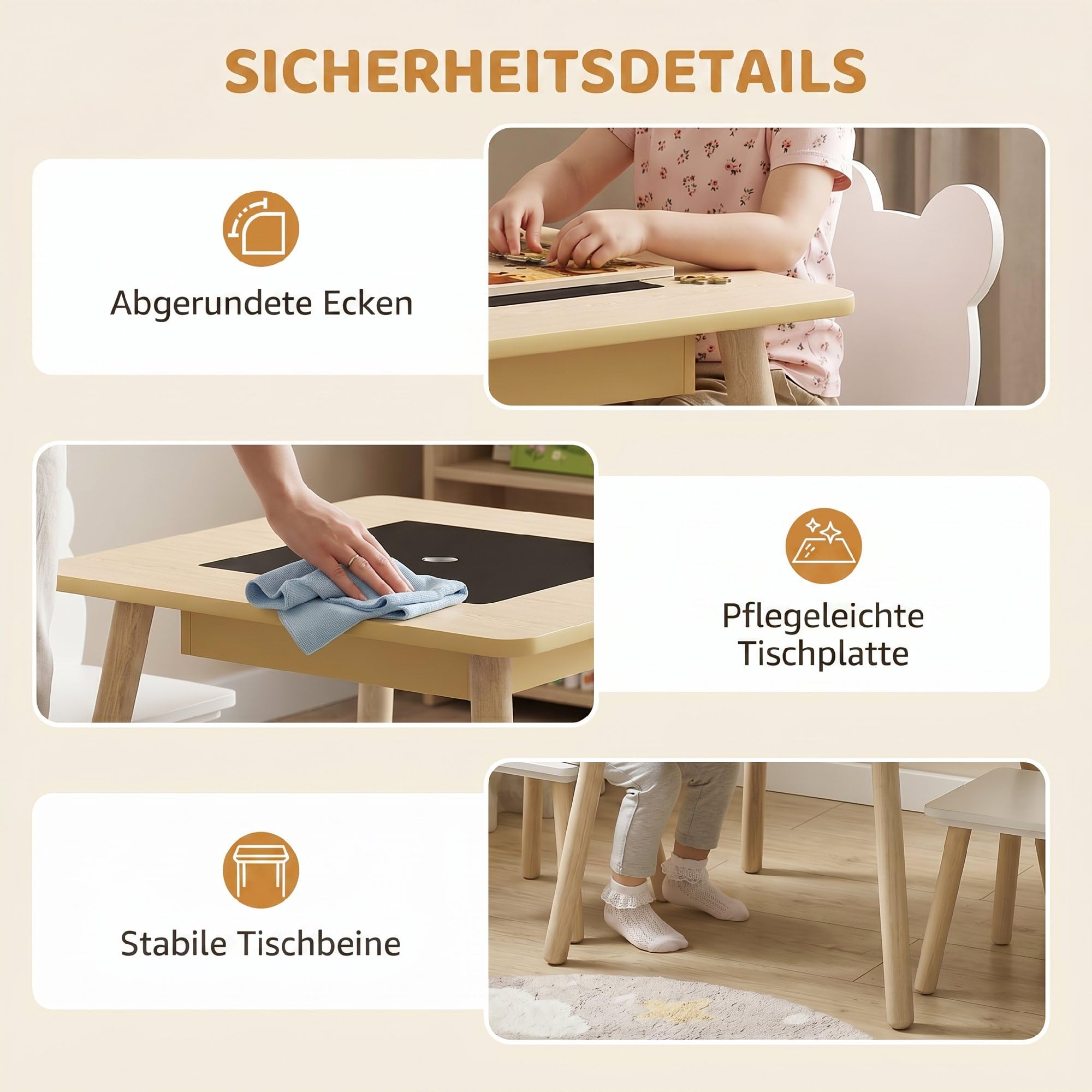 AIYAPLAY Kindertisch mit 2 Stühlen Kindersitzgruppe 3-6 Jahre Naturholz