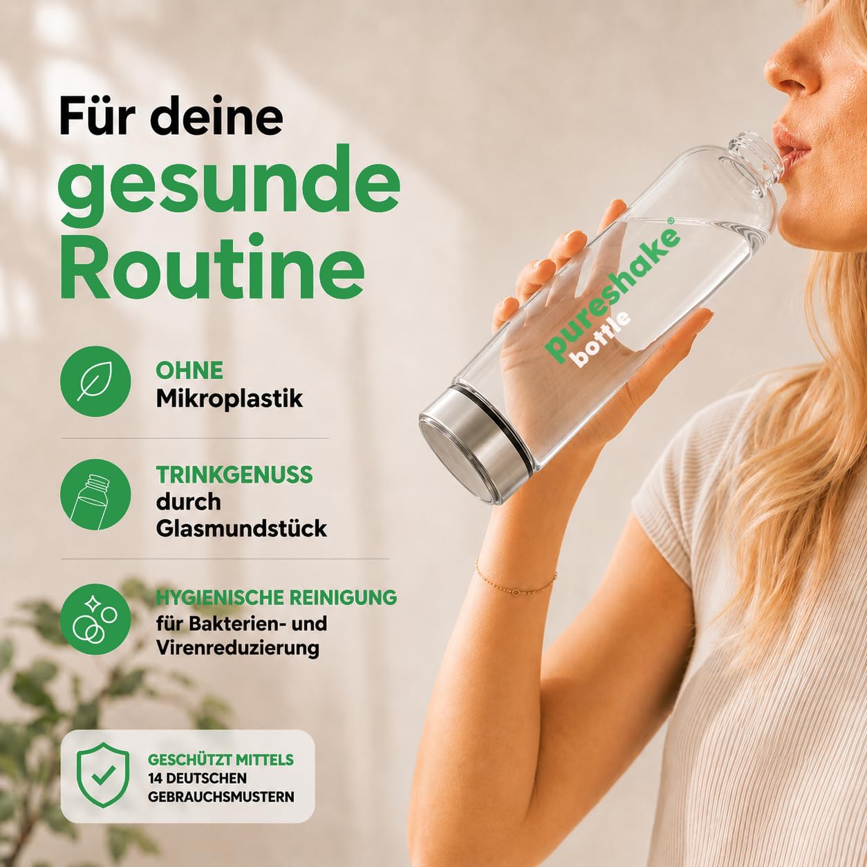 1 Liter GLASSFLASCHE EDELSTAHLFLASCHE | 100% Glas und Edelstahl | 0% Kunststoff | Trinkflasche aus Glas mit Sleeve, easyclean 1000ml