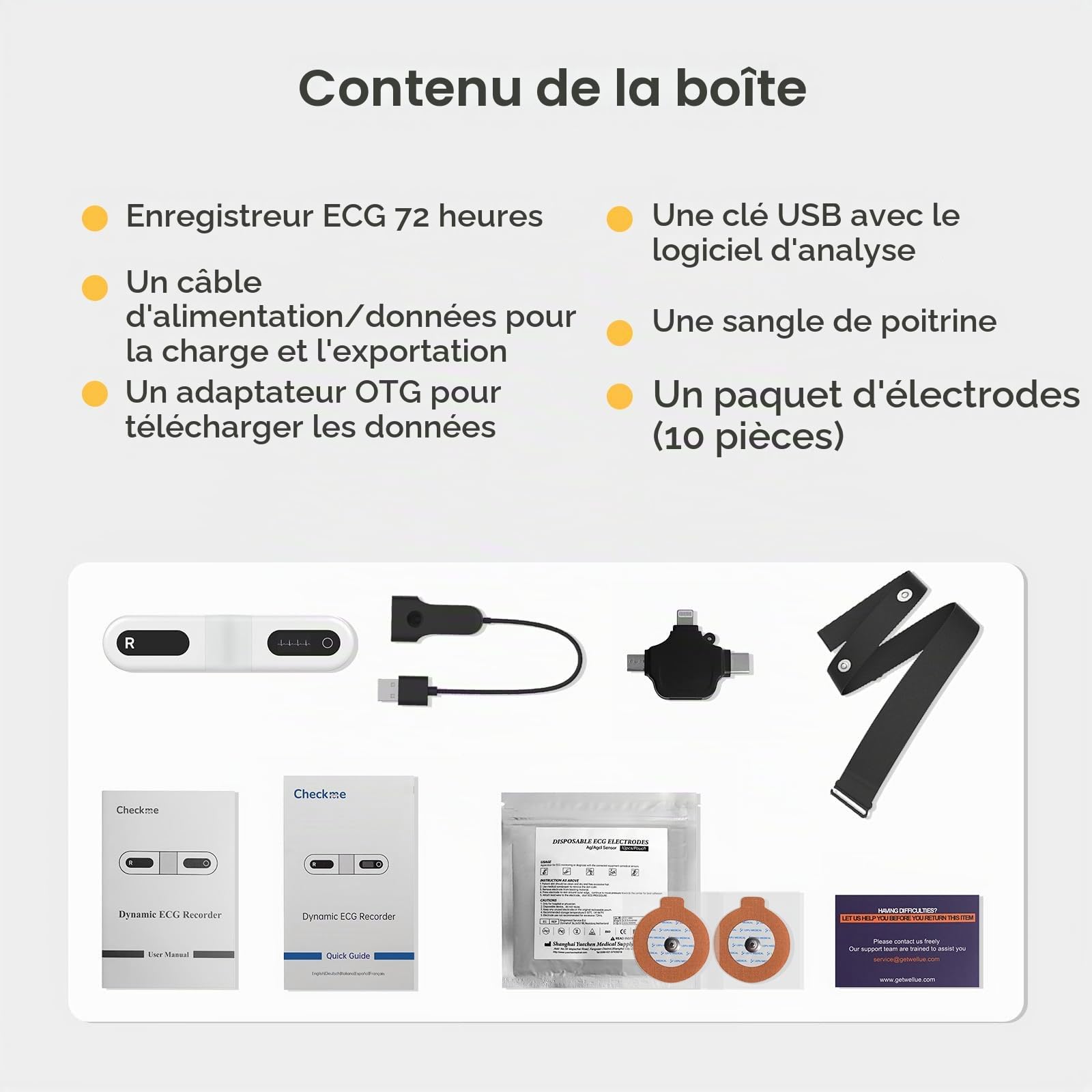 CheckMe ER1-LW Moniteur ECG Portable 72 Heures avec Analyse ECG AI, Fonction Marqueur D'événement ECG, App & PC-software, Compatible avec Les Électrodes à pression de 4 mm