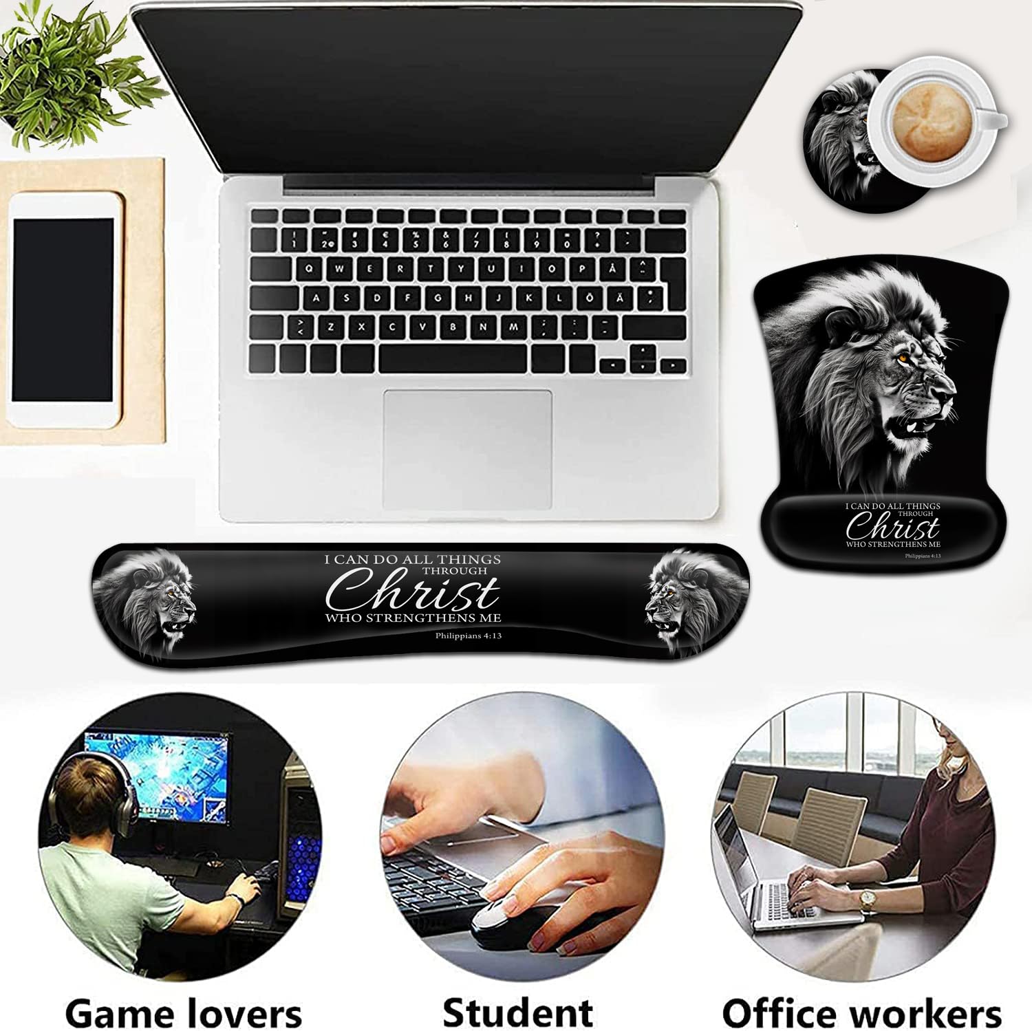 Tappetino per mouse nero con supporto ergonomico per il polso e poggiapolsi in memory foam, base antiscivolo in gel PU, poggiapolsi per tastiera, per casa, ufficio, gaming, scrivania, fierce Lion