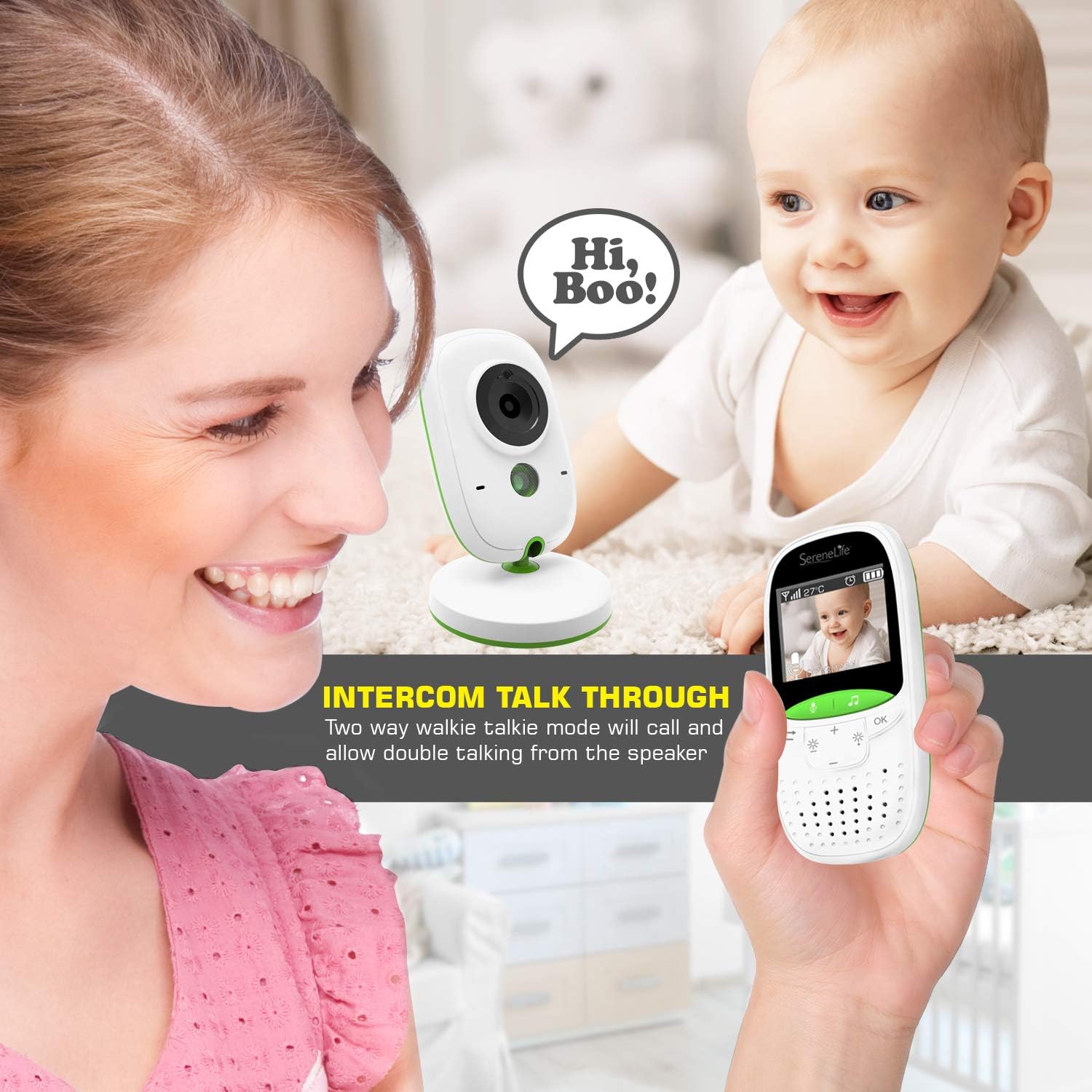 SereneLife USA Video Baby Monitor - Upgraded 850’ Wireless Long Range Camera, Night Vision, Temperature Monitoring and Portable 2” Color Screen with Clip - SLBCAM10.5, Green
