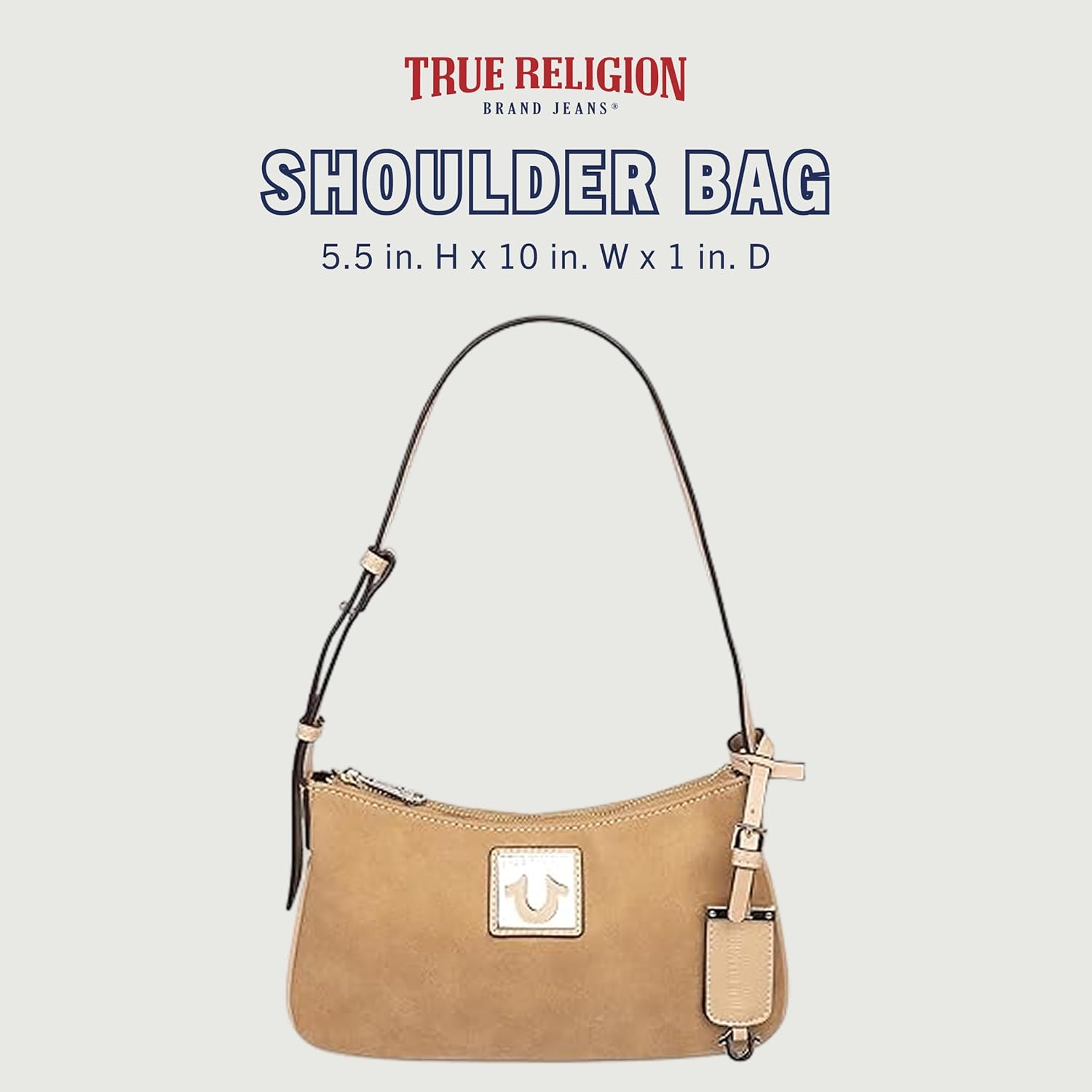 True Religion Shoulder Bag, Logo Plaque Suede Purse with Adjustable Strap, Compact Silhouette and Gold Hardware, Camel - Image 2