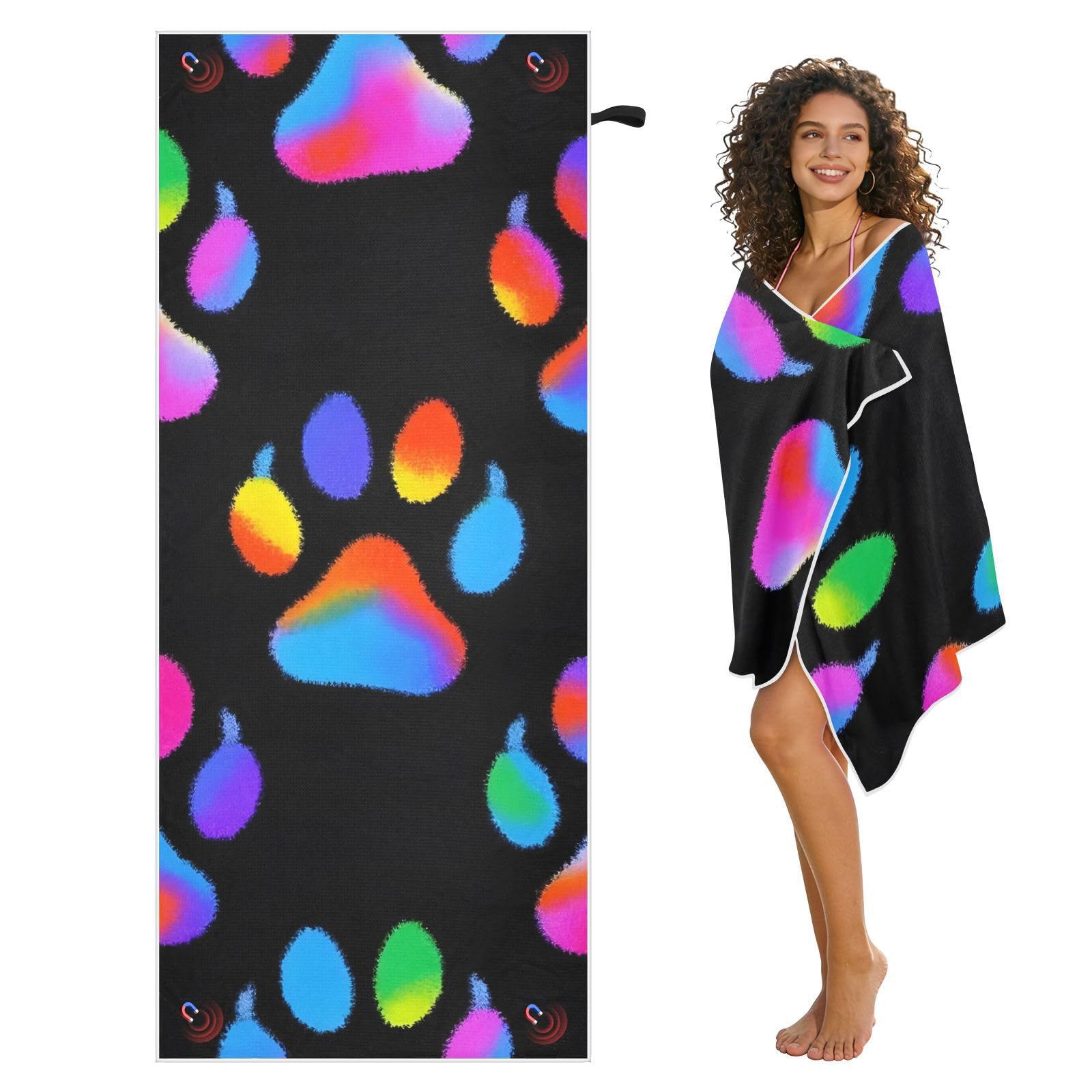 Toallas de playa grandes con bolsas de malla para adultos, toalla de baño de pata de perro neón con cierre magnético, toalla absorbente de secado rápido para piscina, camping y viajes, 190 x 80
