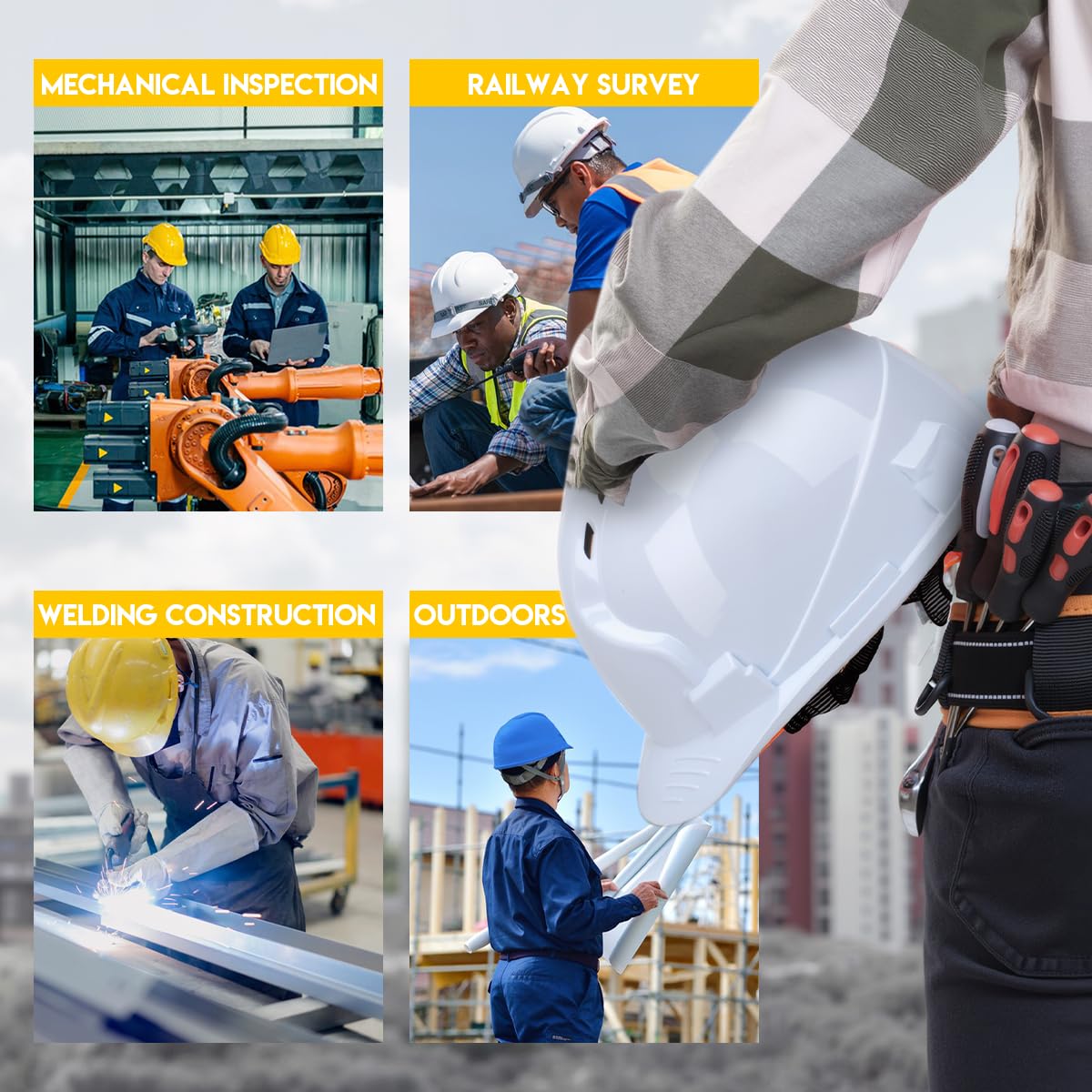 Casque de sécurité Blanc ABS, certifié EN398, avec des Vents d'aération et Une Bande Frontale réglable, Casques industriels pour Le bâtiment, la Construction et Les Chantiers de Travail.