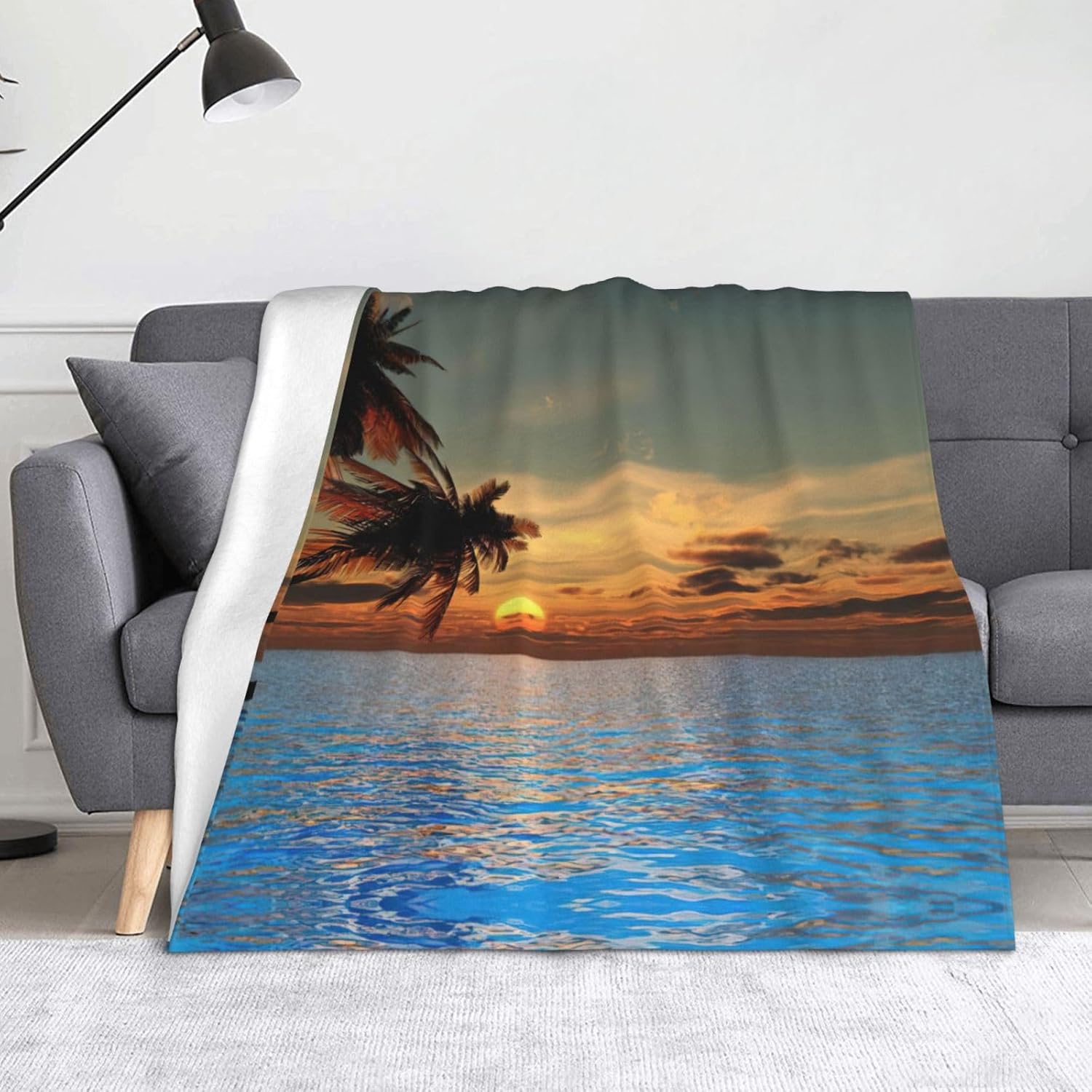 Sunset Palm Tree Ocean Print Cozy Soft Blankets Warm 50x60 in Lightweight Blanket for Camping Travel