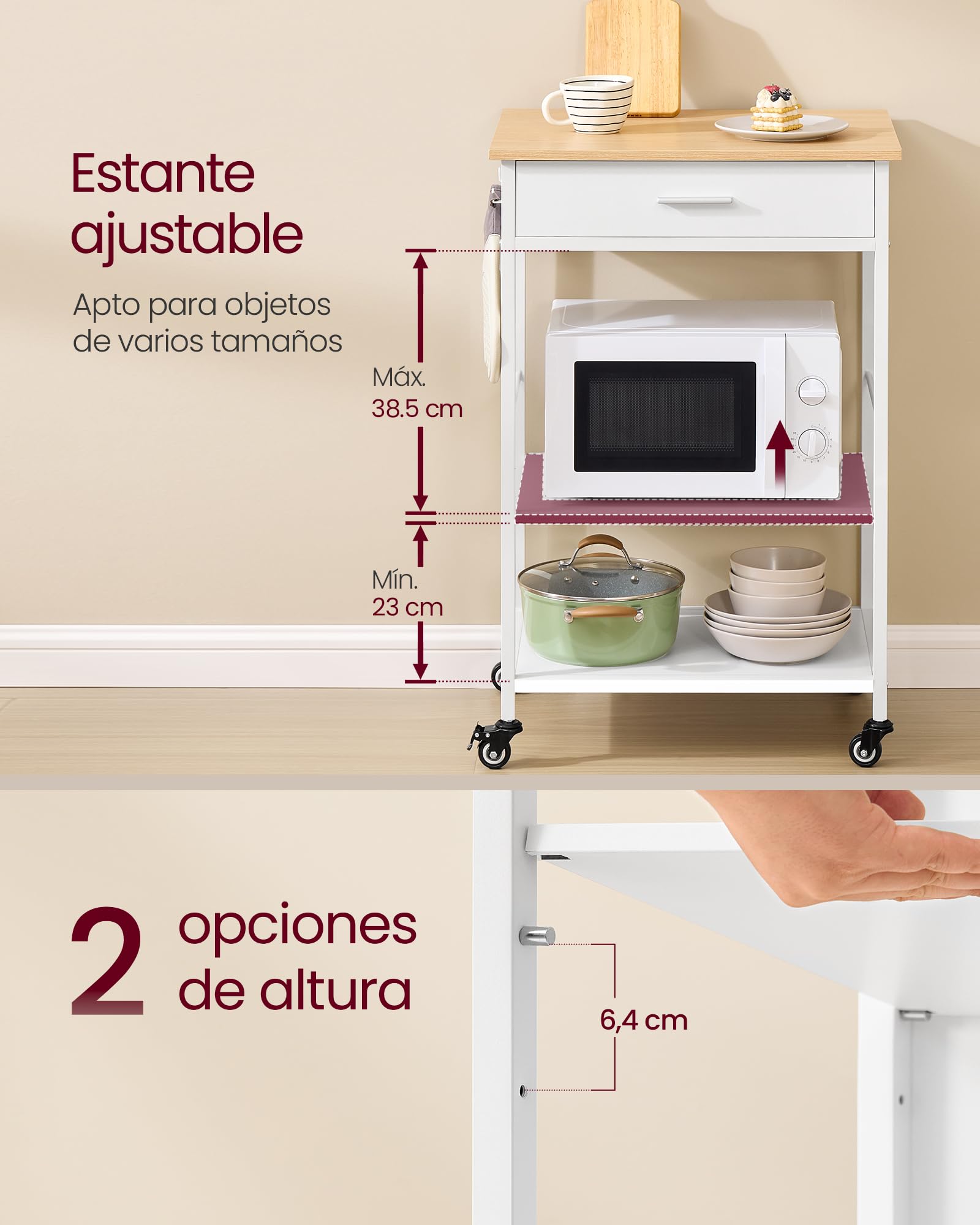 VASAGLE Carrito de Cocina con Ruedas, Isla de Cocina Móvil, 45 x 60 x 90 cm, con Cajón, 2 Ganchos, para Comedor, Beige Rbole y Blanco Mate KKI007Y01