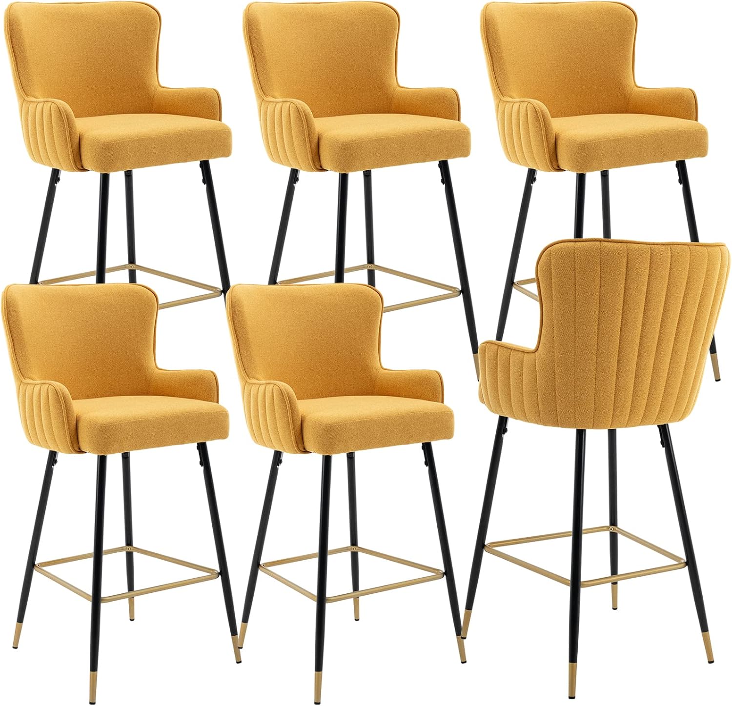 QUINJAY Yellow Bar Stools Set of 6, Linen Upholstered