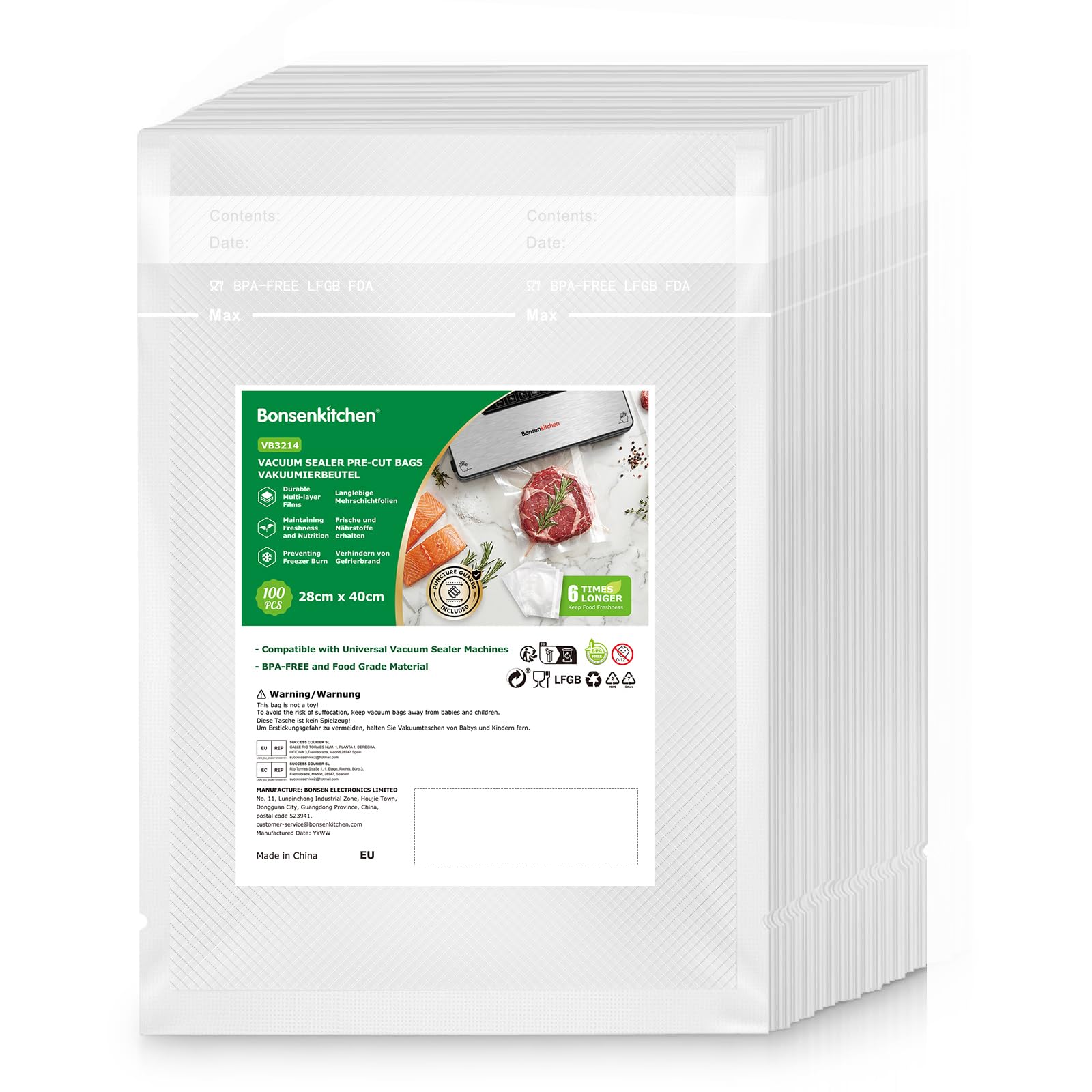 Bonsenkitchen Bolsas de Vacío Reutilizables 28x40 cm, 100 Unidades