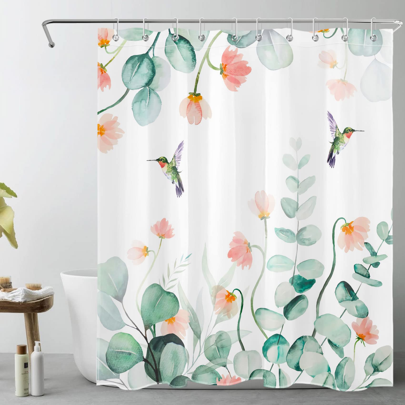 LB Foglia di eucalipto ad acquerello Tenda Doccia 150x200cm Fiore rosa simpatico dell'uccello Tende da Bagno con Ganci, Piante verdi Extra Lungo Impermeabile Antimuffa Poliestere Casa Decorazione