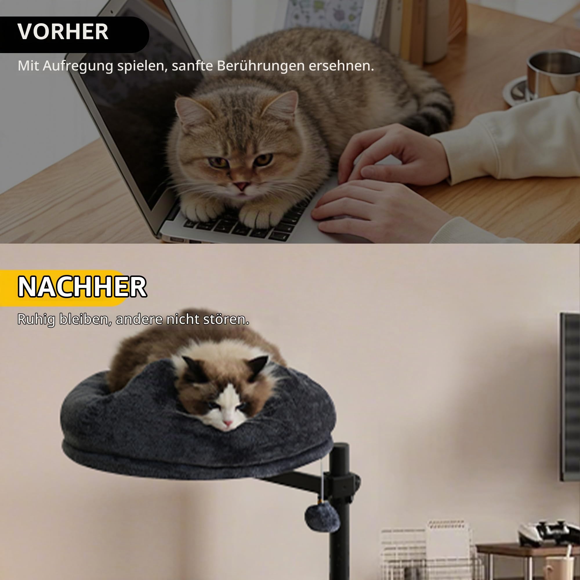 Katzenbett Schreibtisch, 360° Drehung Hängebett für Katzen Bohrfrei & Höhenverstellbar, Katzenhängematte Katzenkorb zum schlafen, Hält Kätzchen Katze nah und Arbeitsbereich (Dunkelgrau)