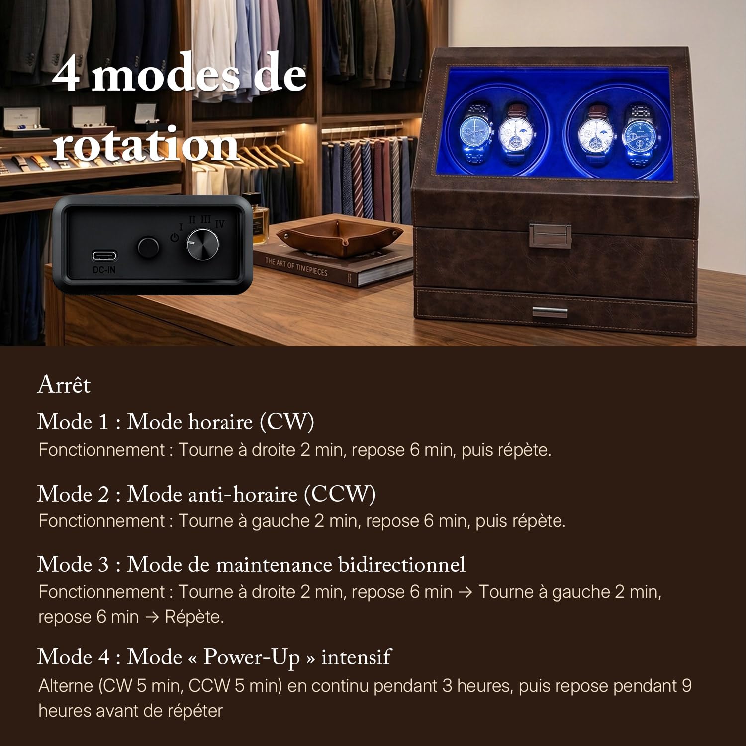 Mcbazel Remontoir Automatique pour 4 Montres avec 6 Compartiments | Éclairage d'Ambiance LED Bleu, Moteur Ultra-Silencieux, 4 Modes de Rotation, Fonction d'Arrêt Intelligent à l'Ouverture
